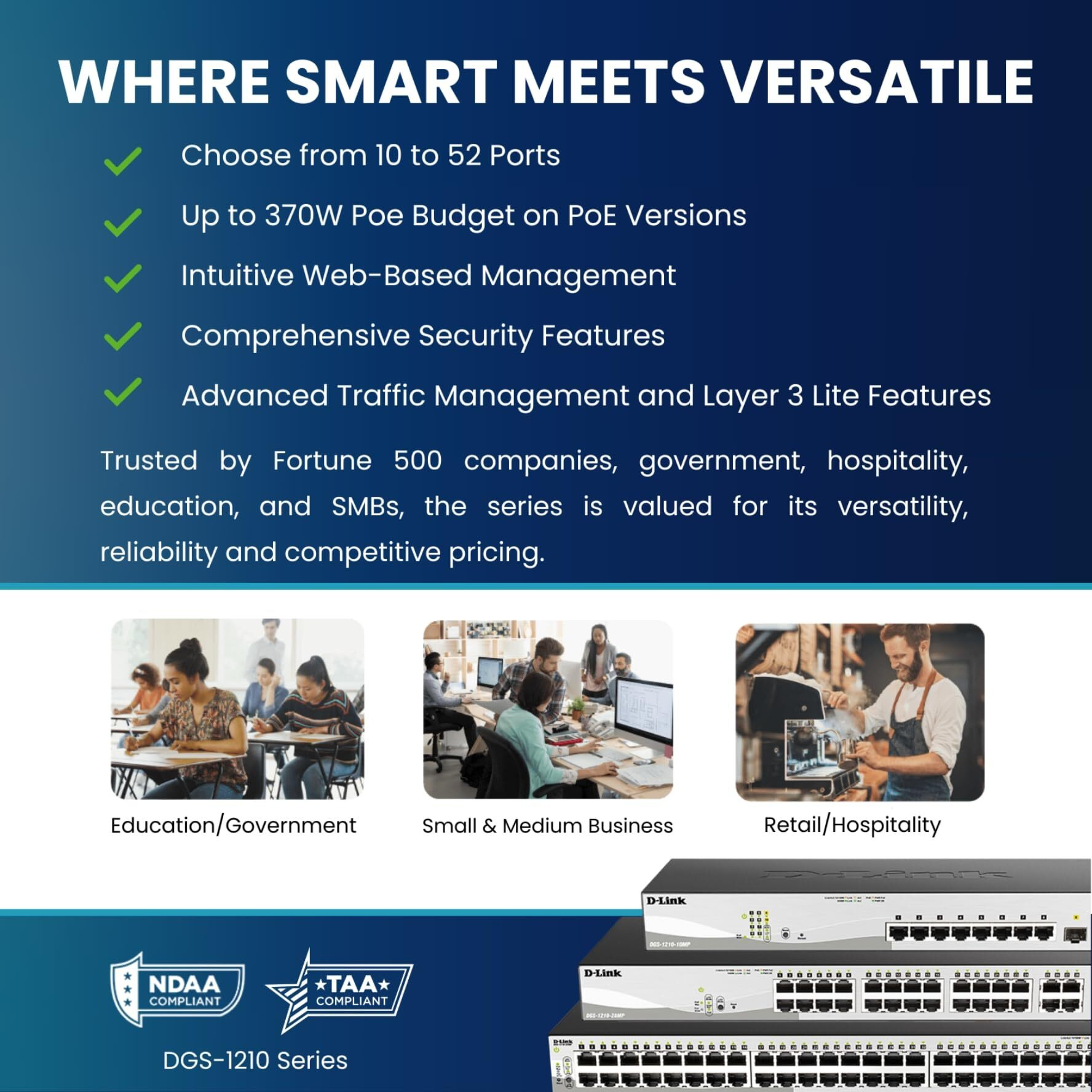 D-Link 10-Port Gigabit Smart Managed Poe+ Switch | 8 Poe+ Ports (130W) + 2 Sfp Ports | L2+ | Vlans | Web Managed | Surveillance Mode | Desktop Or Rackmount | Fanless | Ndaa Compliant (Dgs-1210-10Mp)