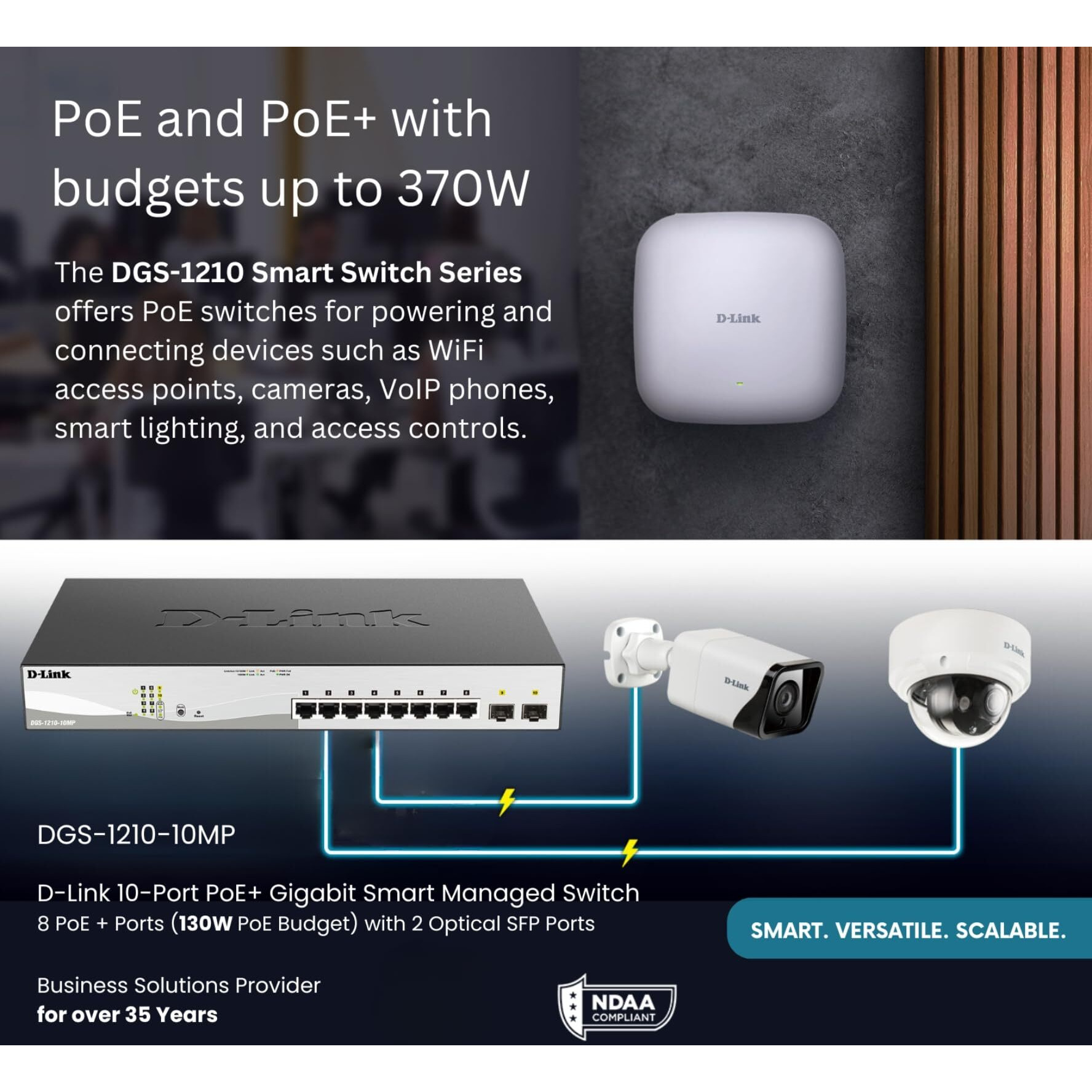 D-Link 10-Port Gigabit Smart Managed Poe+ Switch | 8 Poe+ Ports (130W) + 2 Sfp Ports | L2+ | Vlans | Web Managed | Surveillance Mode | Desktop Or Rackmount | Fanless | Ndaa Compliant (Dgs-1210-10Mp)