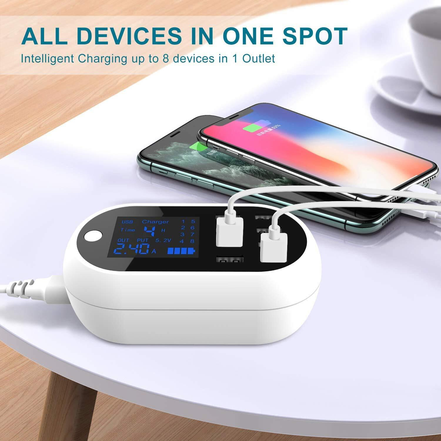 60W/12A 8-Port Charging Station Multiple Usb, Multi Port Usb Charging Hub With Lcd For Multiple Devices Smart Phones, Tablet And More