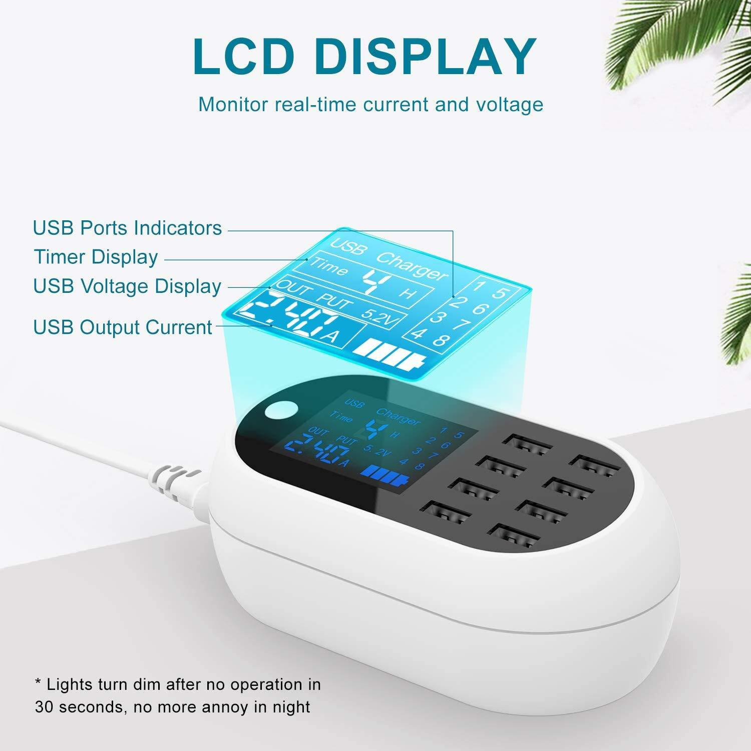60W/12A 8-Port Charging Station Multiple Usb, Multi Port Usb Charging Hub With Lcd For Multiple Devices Smart Phones, Tablet And More