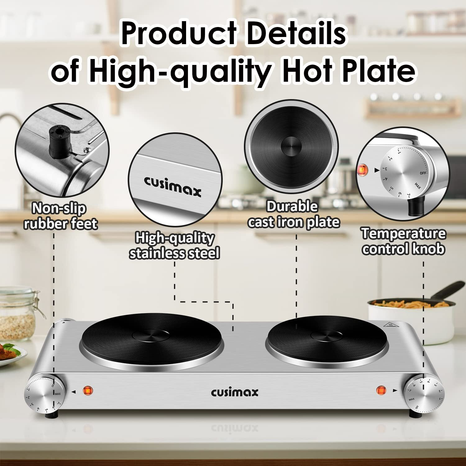 Cusimax Hot Plate, Electric Double Burner, 1800W Cast Iron Countertop Cooktop, Portable For Cooking, Compatible For All Cookwares, Easy Clean, Upgraded Version