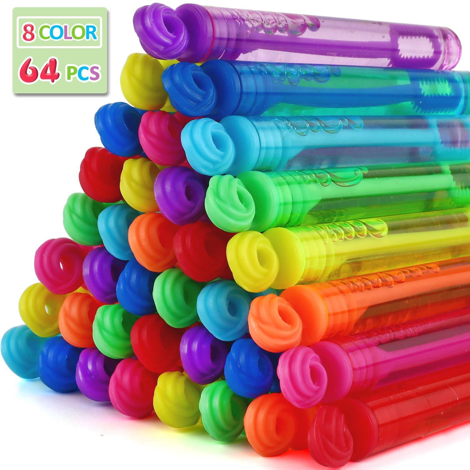 Bubble Wands Party Favors Pack Of 64, Mini Neon Bubble Wands | Odor-Free Non-Toxic Kids Bath Toy/Birthday Treats Bubble Maker Toys For Kids | Outdoor Summer Events & Celebration Toy Gift
