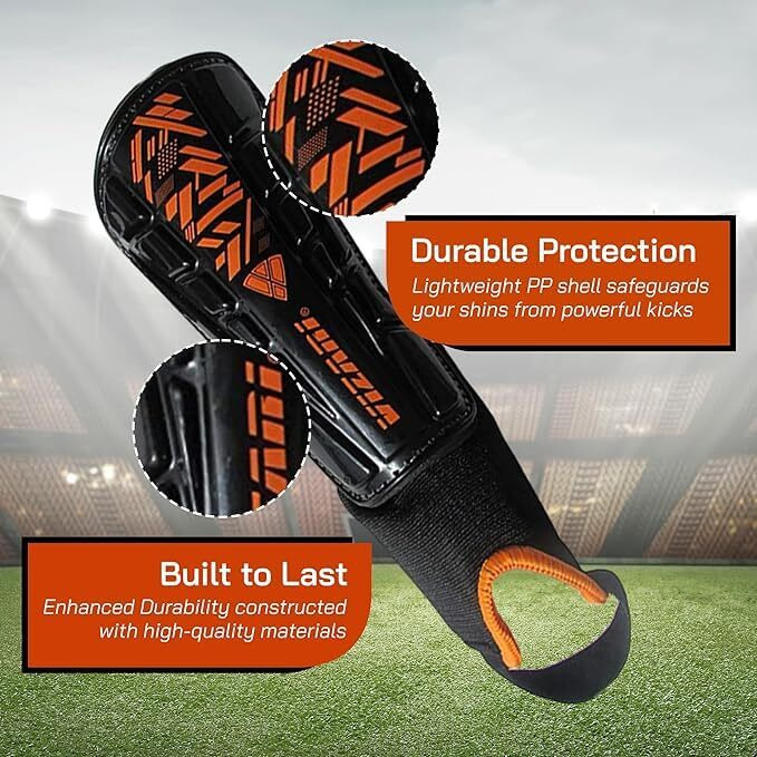 Vizari Malaga Soccer Shin Guard For Kids| Youth Soccer Shin Guard | Lightweight And Breathable Child Calf Protective Gear Soccer Equipment | Black / Orange | Xx - Small
