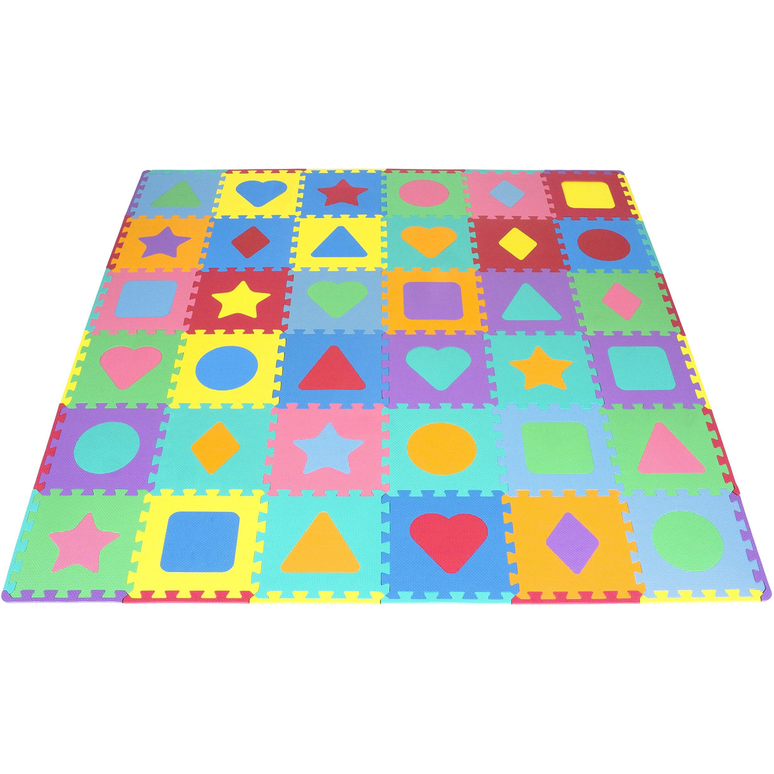 Prosource Kids Foam Puzzle Floor Play Mat With Shapes & Colors 36 Tiles, 12"&quotX12"" And 24 Borders