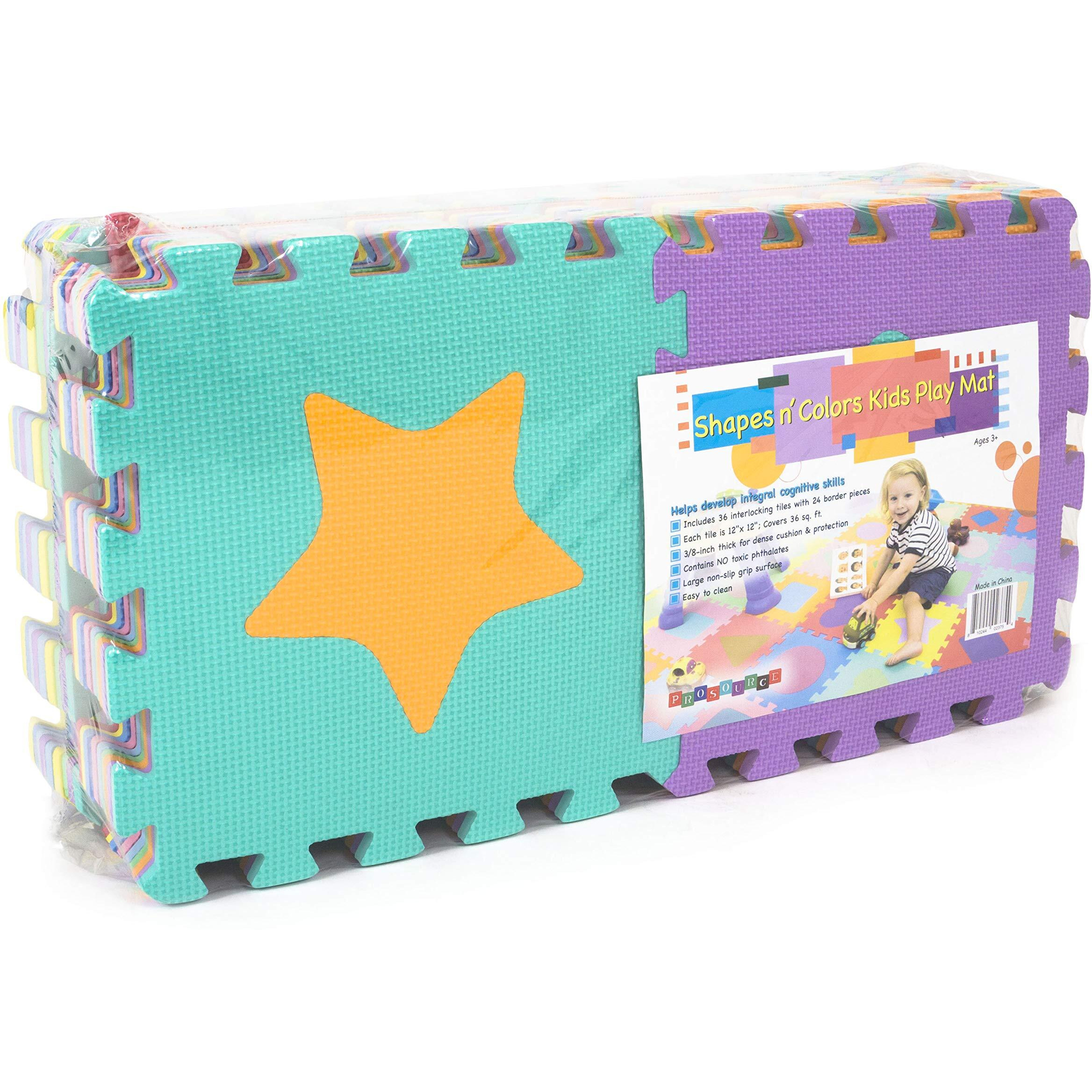 Prosource Kids Foam Puzzle Floor Play Mat With Shapes & Colors 36 Tiles, 12"&quotX12"" And 24 Borders