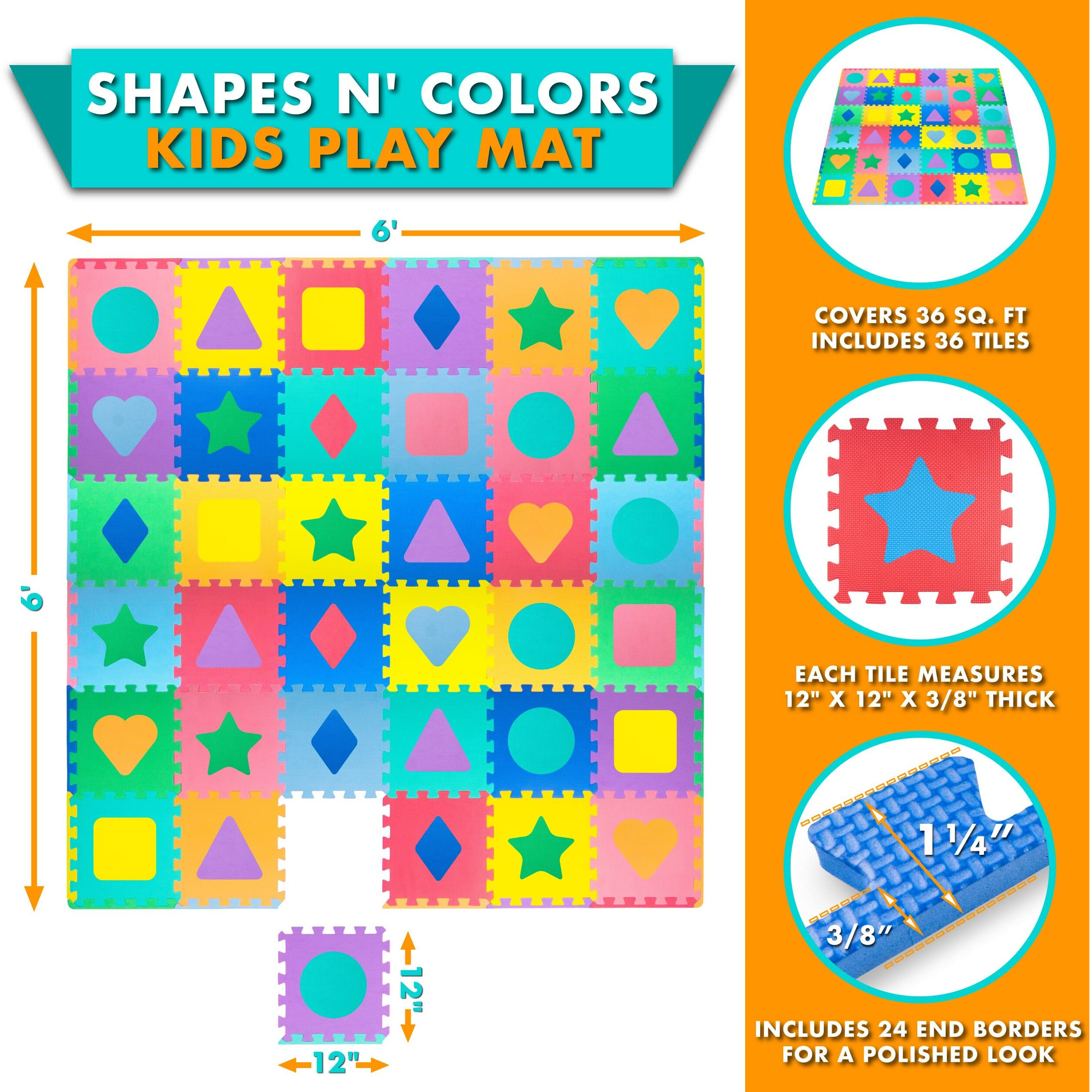 Prosource Kids Foam Puzzle Floor Play Mat With Shapes & Colors 36 Tiles, 12"&quotX12"" And 24 Borders