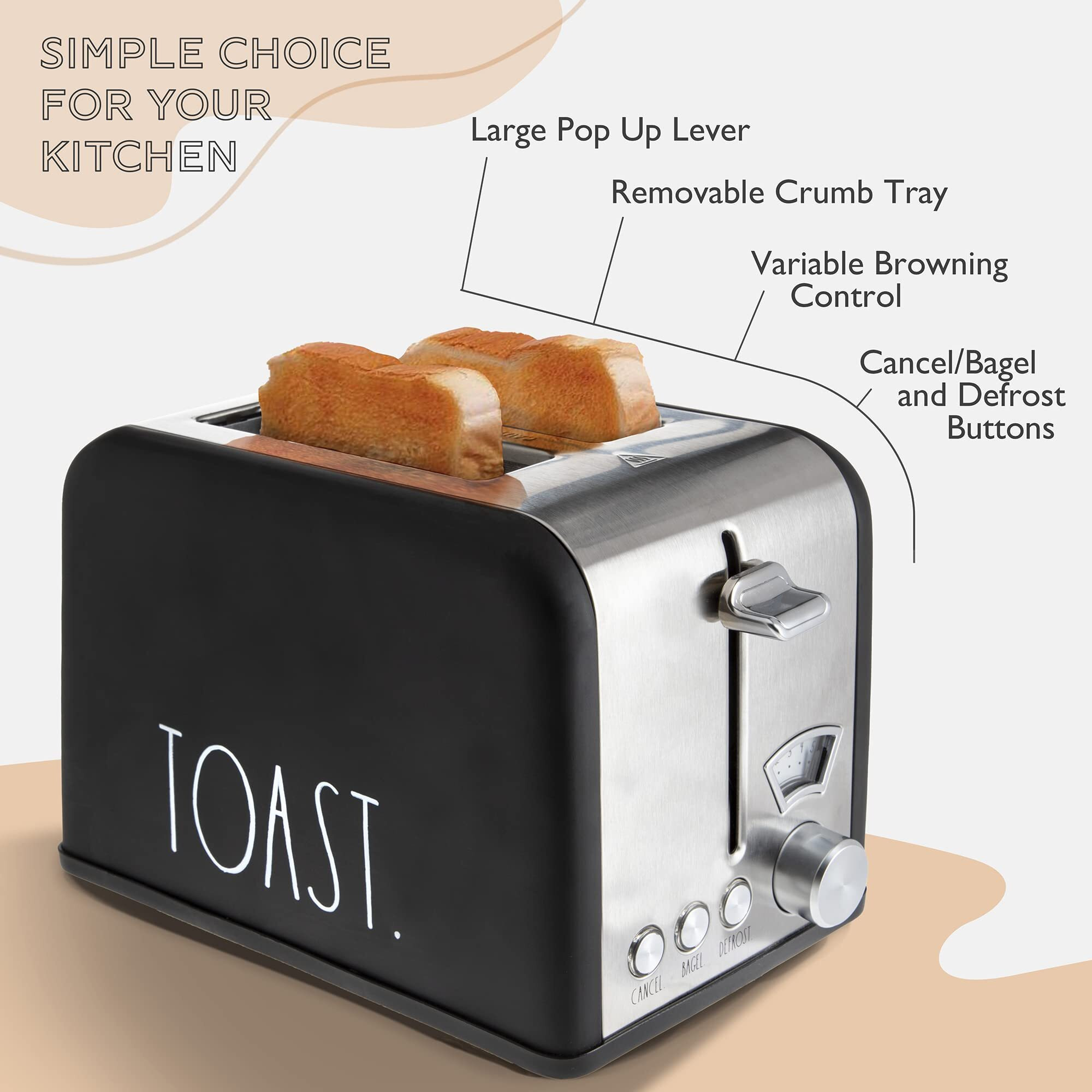 Rae Dunn Toaster, Stainless Steel 2 Slice Square Toaster, Wide Slot With 5 Browning Levels, With Bagel, Defrost And Cancel Options (Black)