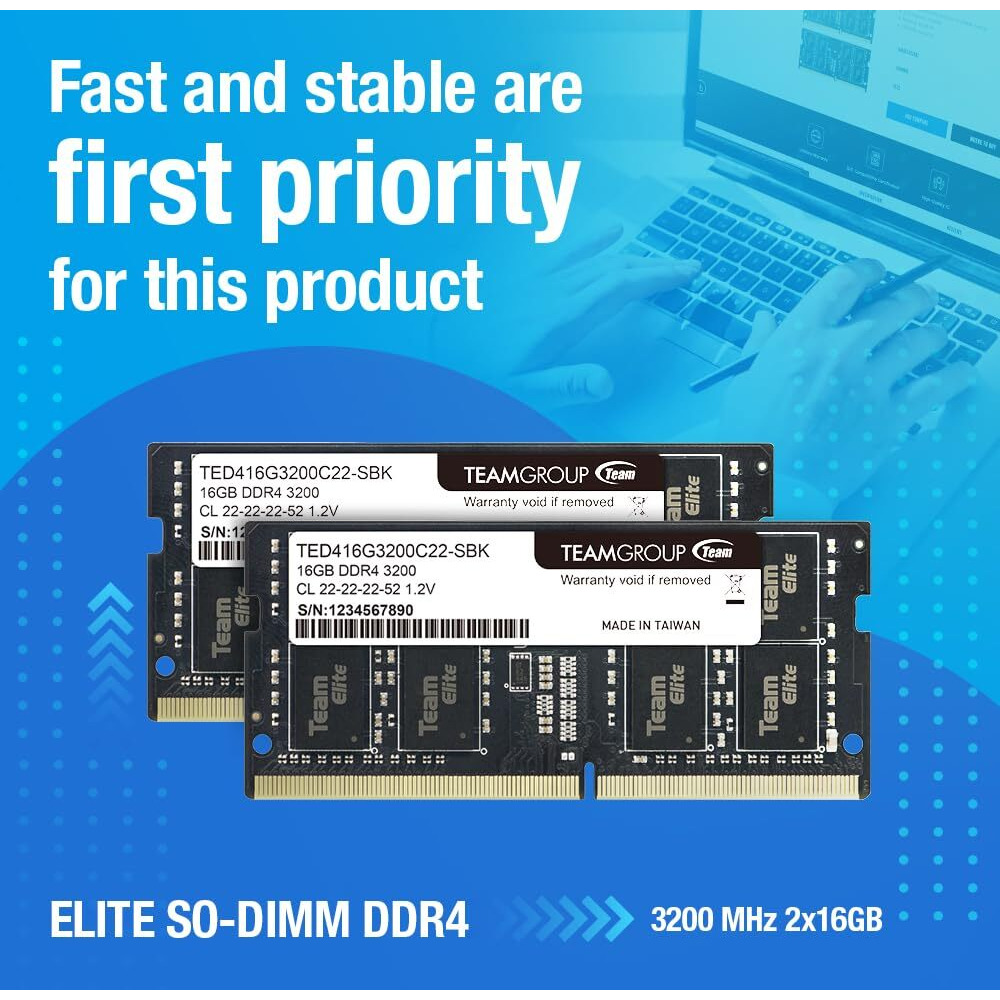 Teamgroup Elite Ddr4 32Gb Kit (2 X 16Gb) 3200Mhz Pc4-25600 Cl22 (2933Mhz Or 2666Mhz)Unbuffered Non-Ecc 1.2V Sodimm 260-Pin Laptop Notebook Pc Computer Memory Module Ram Upgrade - Ted432G3200C22Dc-S01