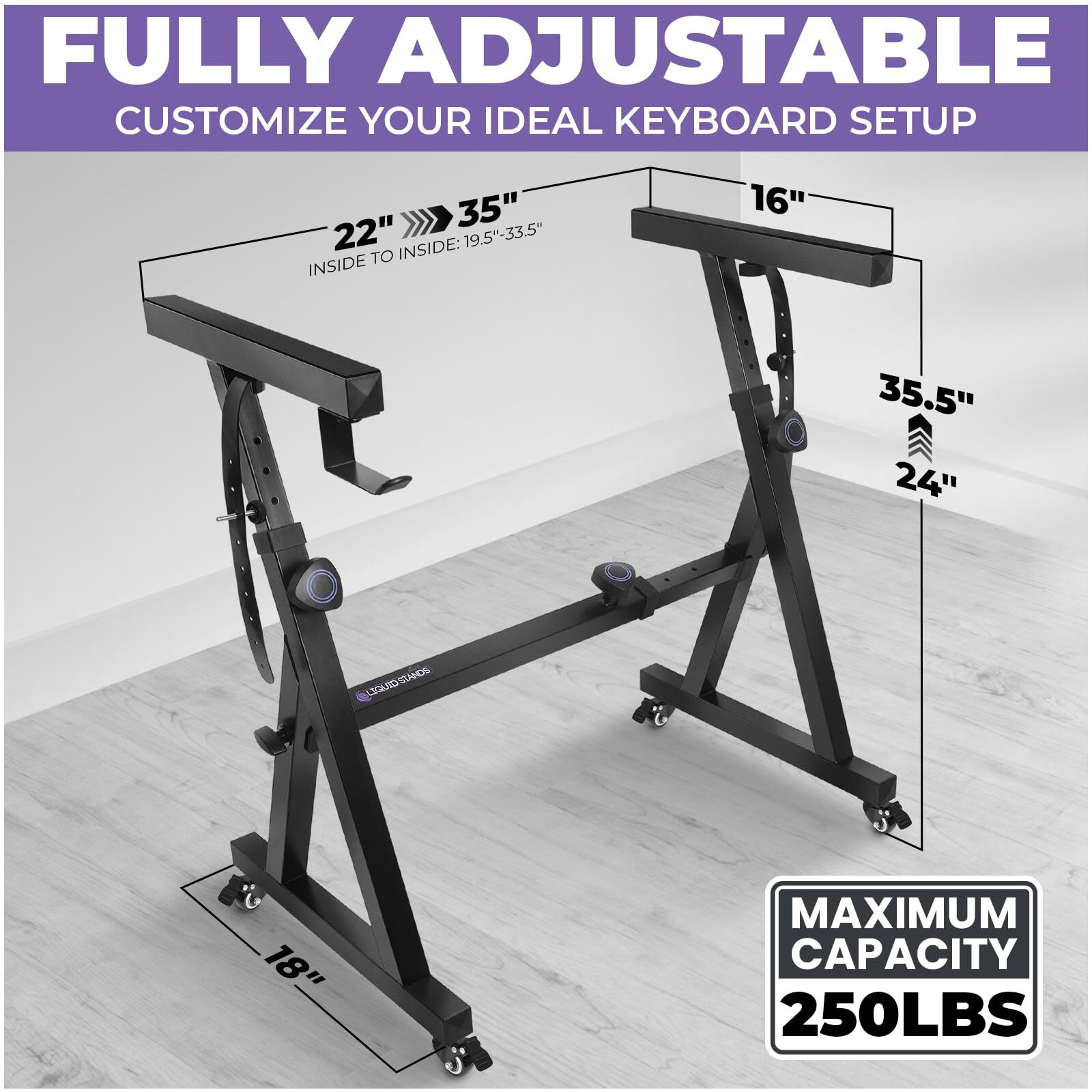 Liquid Stands Keyboard Stand W/ Wheels - Black Z Style Adjustable & Portable Professional Heavy Duty Digital Piano Stand - Fits 54-88 Key Electric Pianos - Sturdy Rolling Musical Keyboard Stand