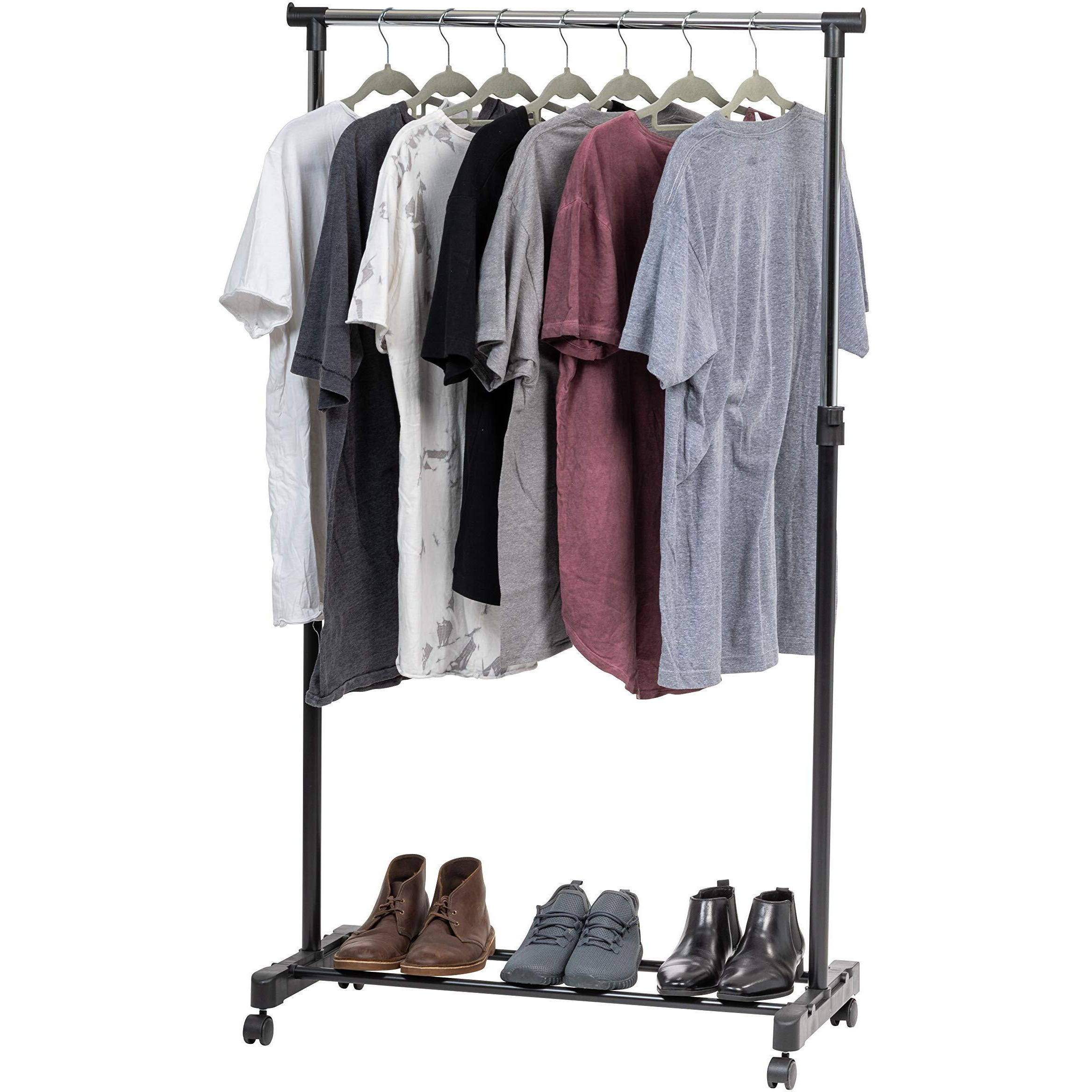 Iris Usa Clothes Rack, Portable Single-Rod Height Adjustable With Lockable Wheels, Rolling Garment Rack, Single Rod Wardrobe Rack, Easy Assemble, For Clothes, Belts, Shoes, And Bags
