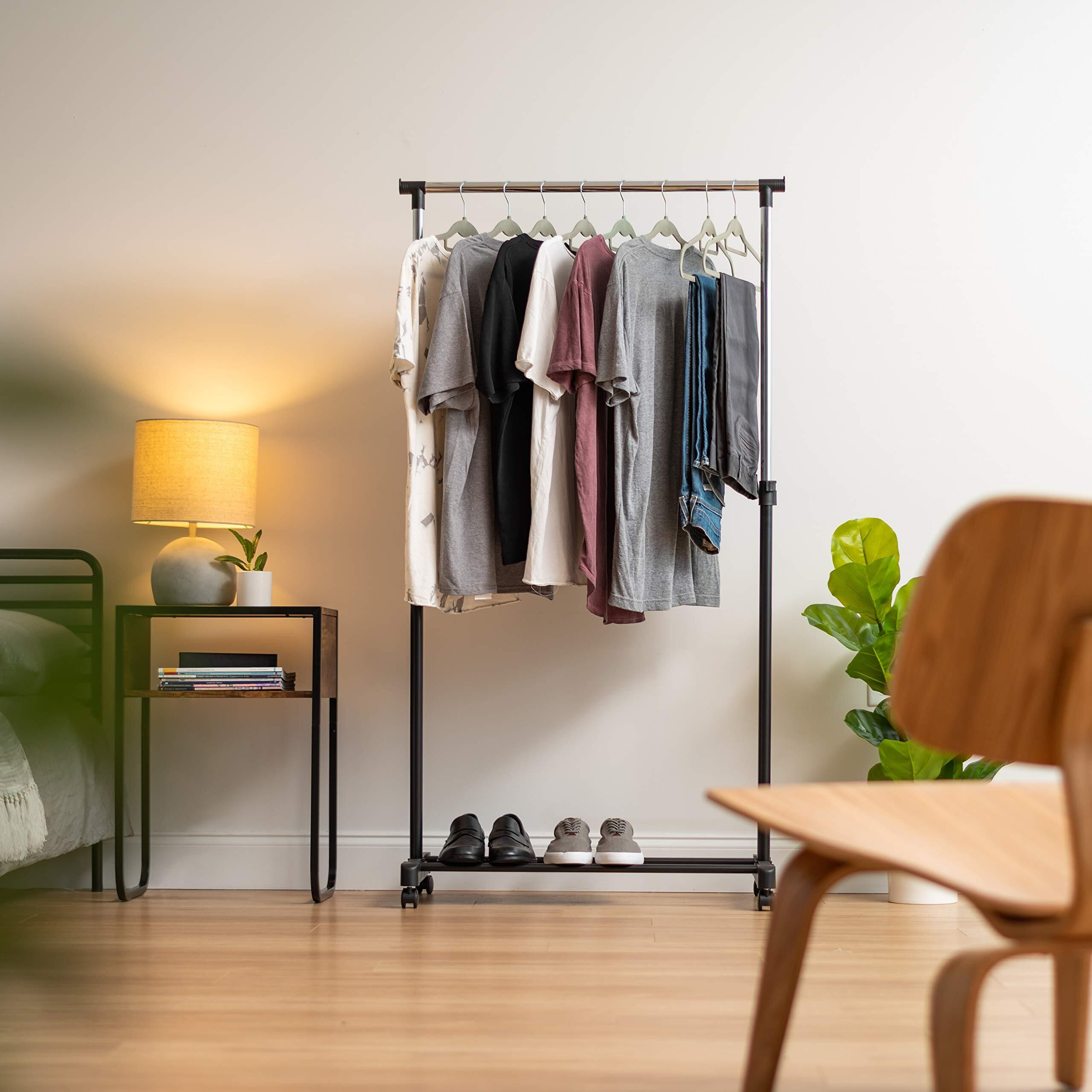 Iris Usa Clothes Rack, Portable Single-Rod Height Adjustable With Lockable Wheels, Rolling Garment Rack, Single Rod Wardrobe Rack, Easy Assemble, For Clothes, Belts, Shoes, And Bags