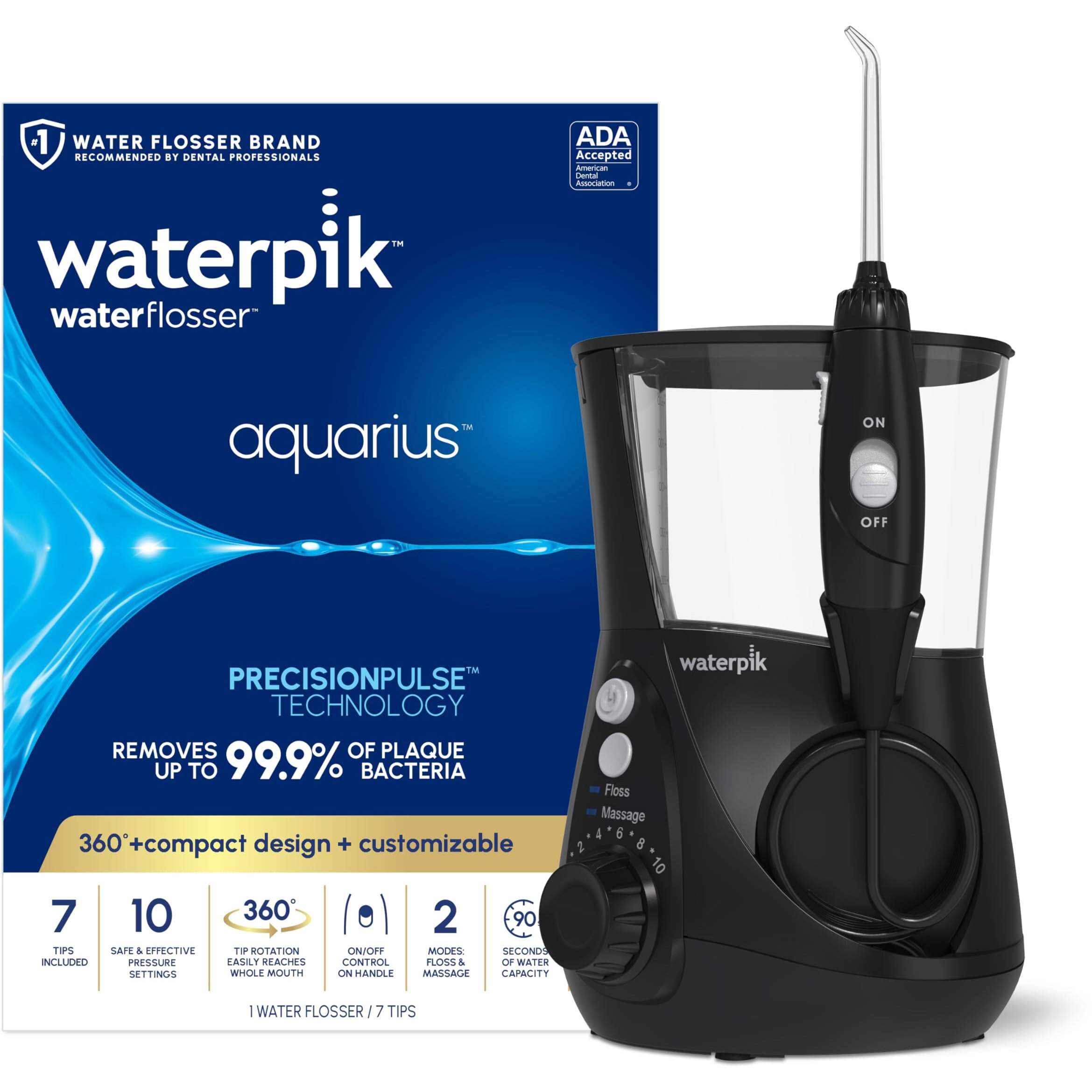Waterpik Aquarius Water Flosser Professional For Teeth, Gums, Braces, Dental Care, Electric Power With 10 Settings, 7 Tips For Multiple Users And Needs, Ada Accepted, Black Wp-662, Packaging May Vary