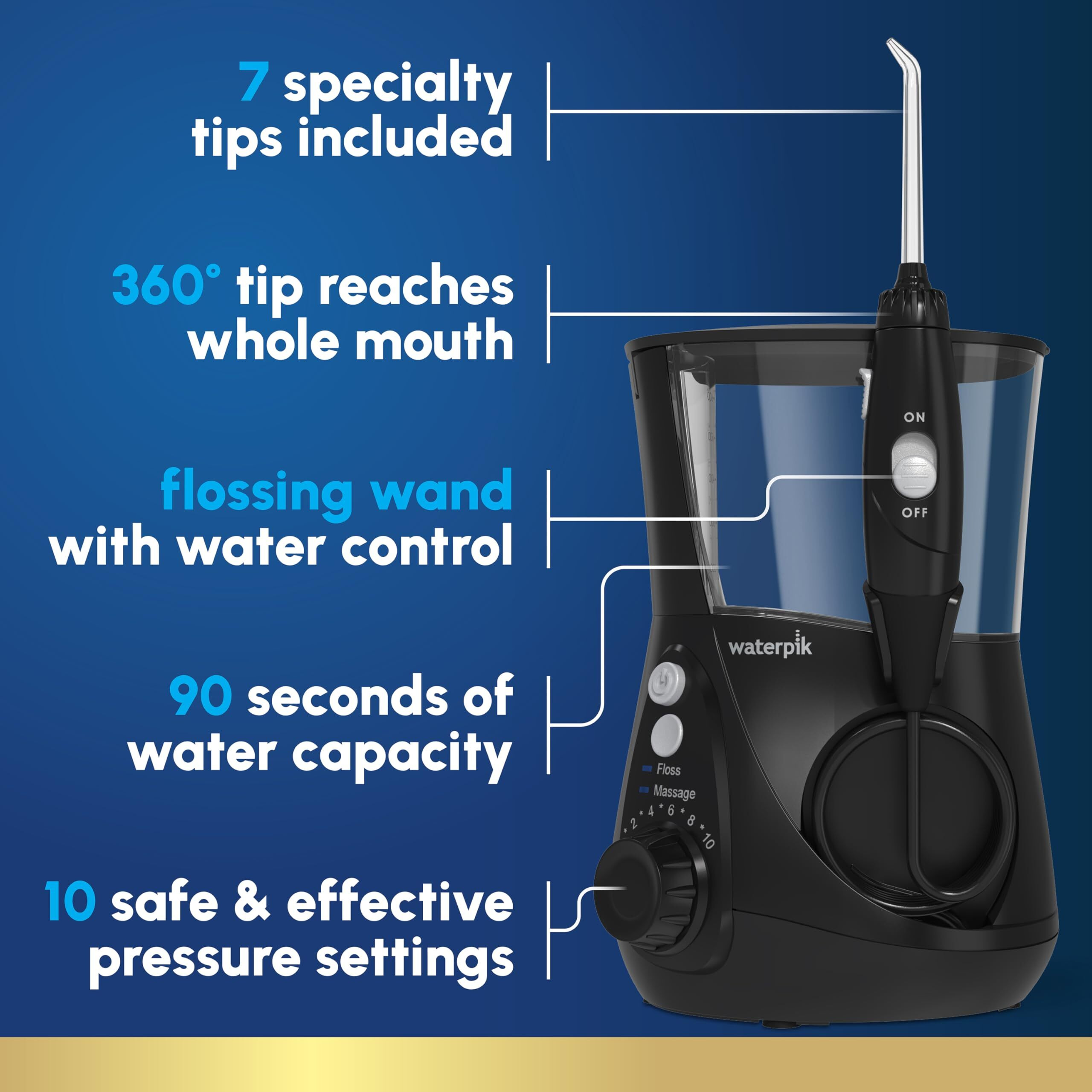 Waterpik Aquarius Water Flosser Professional For Teeth, Gums, Braces, Dental Care, Electric Power With 10 Settings, 7 Tips For Multiple Users And Needs, Ada Accepted, Black Wp-662, Packaging May Vary
