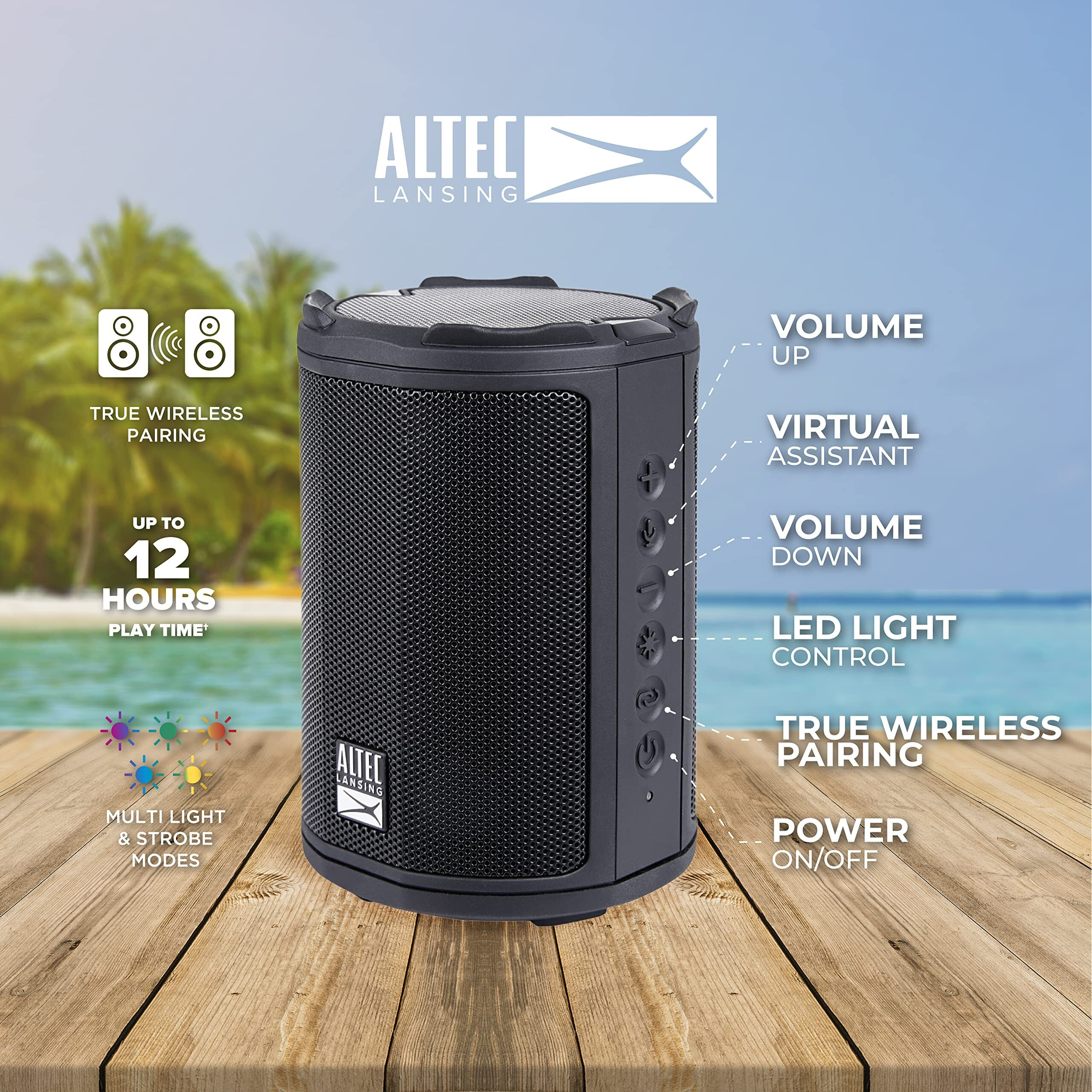 Altec Lansing - Hydramotion Wireless Bluetooth Speaker With 360 Degree Sound, Portable Ip67 Waterproof For Outdoors, Shockproof, Snowproof, Everything Proof, 12 Hour Playtime (Black)