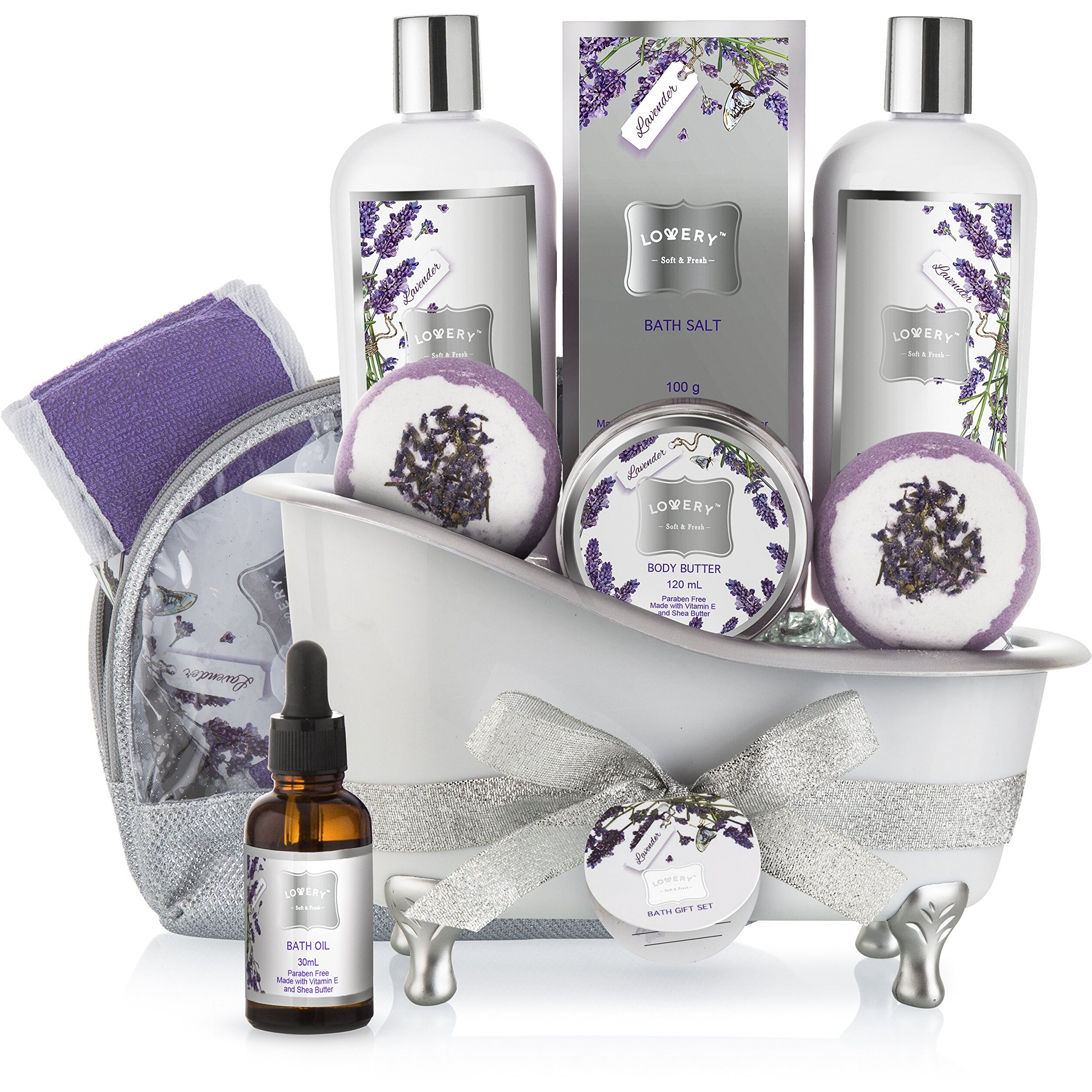 Valentines Bath Gift Basket Set For Women Relaxing At Home Spa Kit Scented - Lavender And Jasmine With Large Bath Bombs, Salts, Shower Gel, Body Butter Lotion, Bath Oil, Bubble Bath, Loofah & More