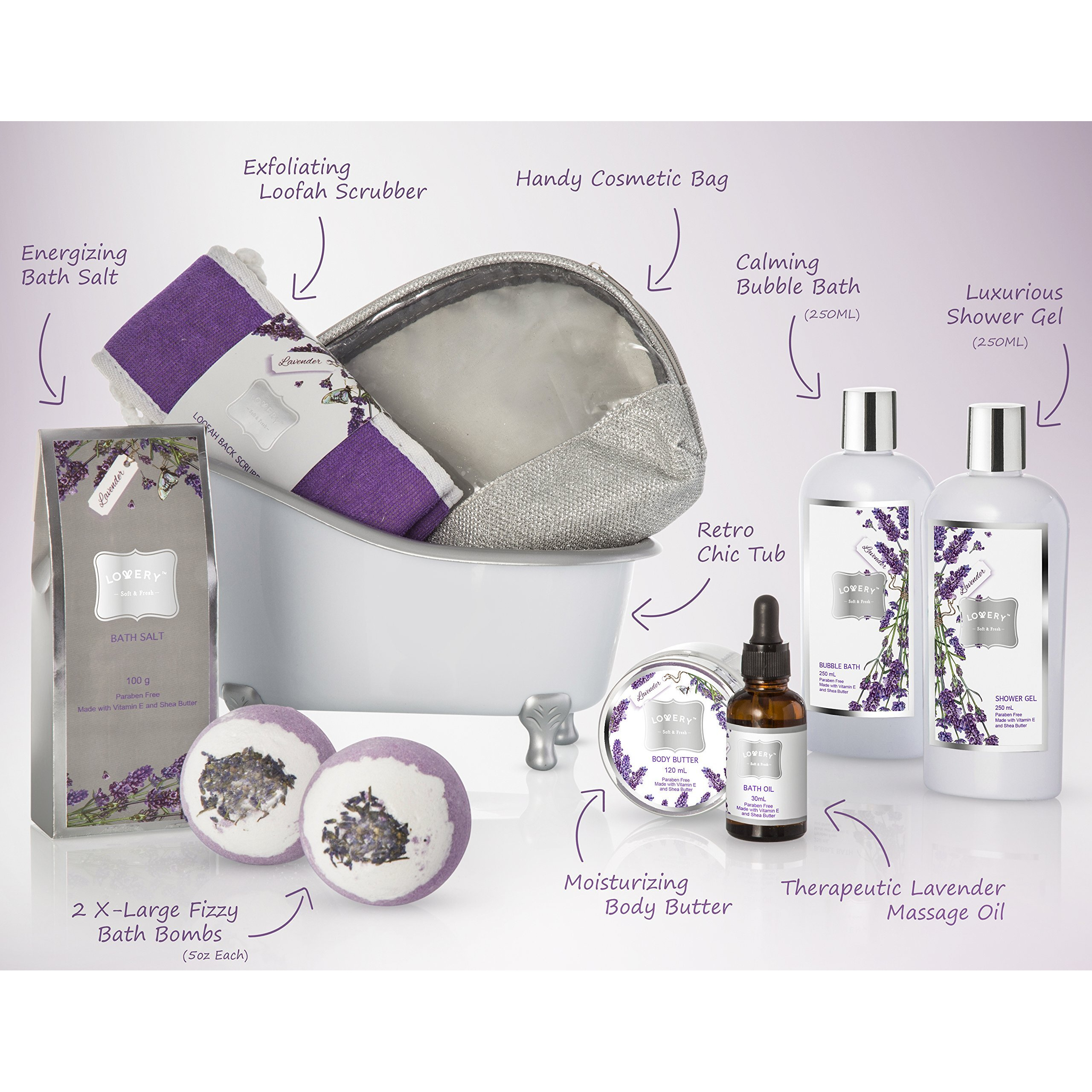 Valentines Bath Gift Basket Set For Women Relaxing At Home Spa Kit Scented - Lavender And Jasmine With Large Bath Bombs, Salts, Shower Gel, Body Butter Lotion, Bath Oil, Bubble Bath, Loofah & More