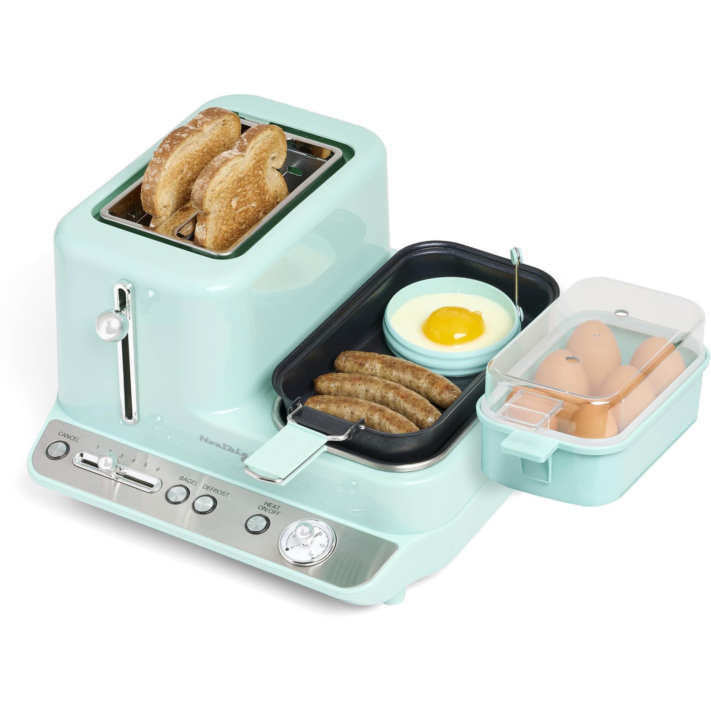 Nostalgia Classic Retro 3-In-1 Breakfast Station - Includes Egg And Veggie Steamer, Non-Stick Griddle, And Wide 2-Slot Toaster - Versatile Breakfast Maker Cooking Station With Toasting Control