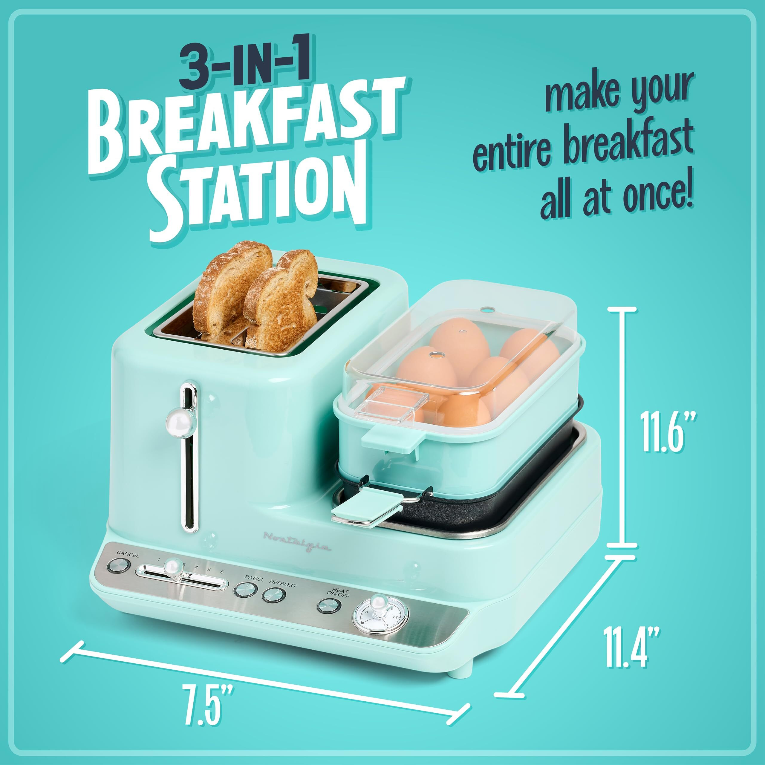 Nostalgia Classic Retro 3-In-1 Breakfast Station - Includes Egg And Veggie Steamer, Non-Stick Griddle, And Wide 2-Slot Toaster - Versatile Breakfast Maker Cooking Station With Toasting Control