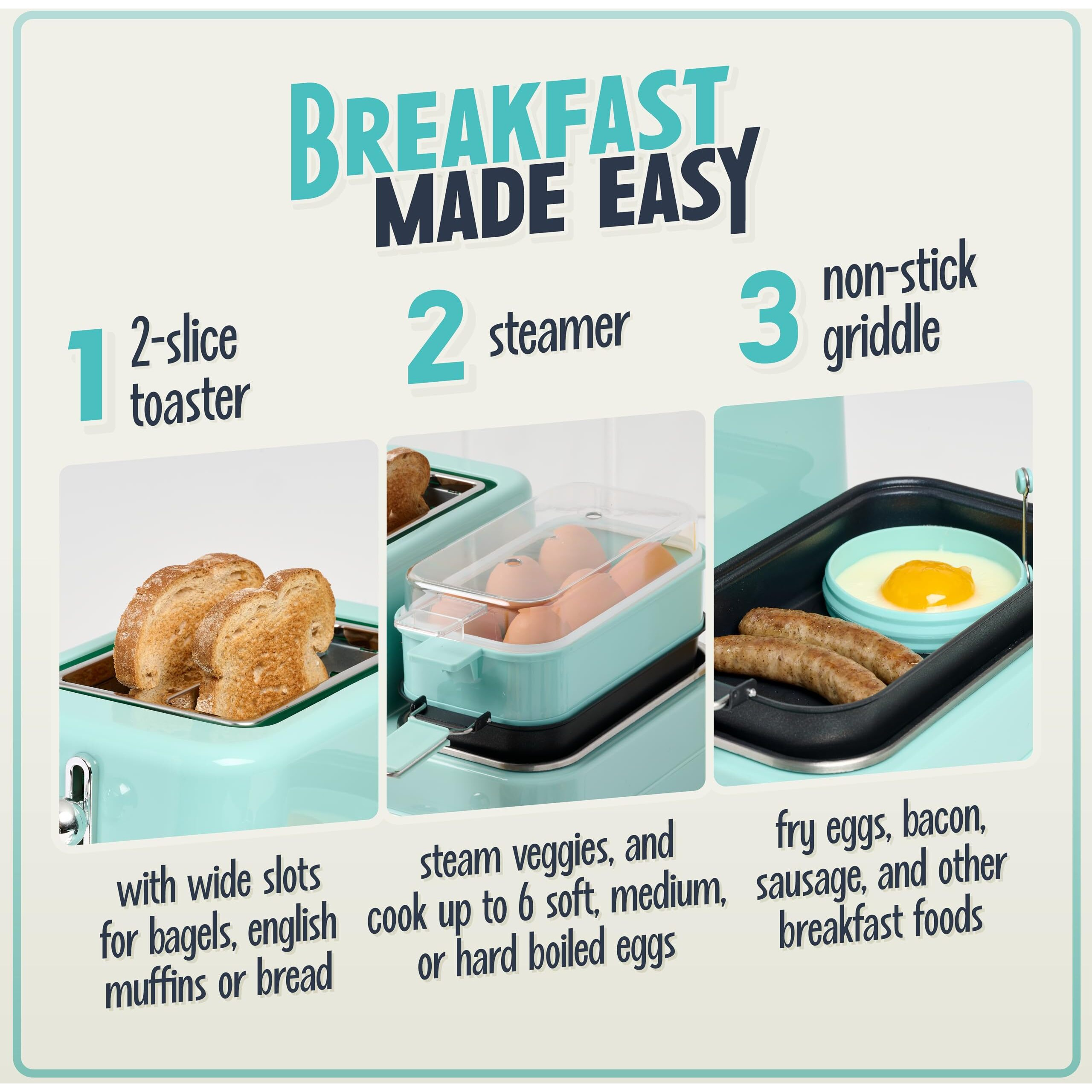 Nostalgia Classic Retro 3-In-1 Breakfast Station - Includes Egg And Veggie Steamer, Non-Stick Griddle, And Wide 2-Slot Toaster - Versatile Breakfast Maker Cooking Station With Toasting Control