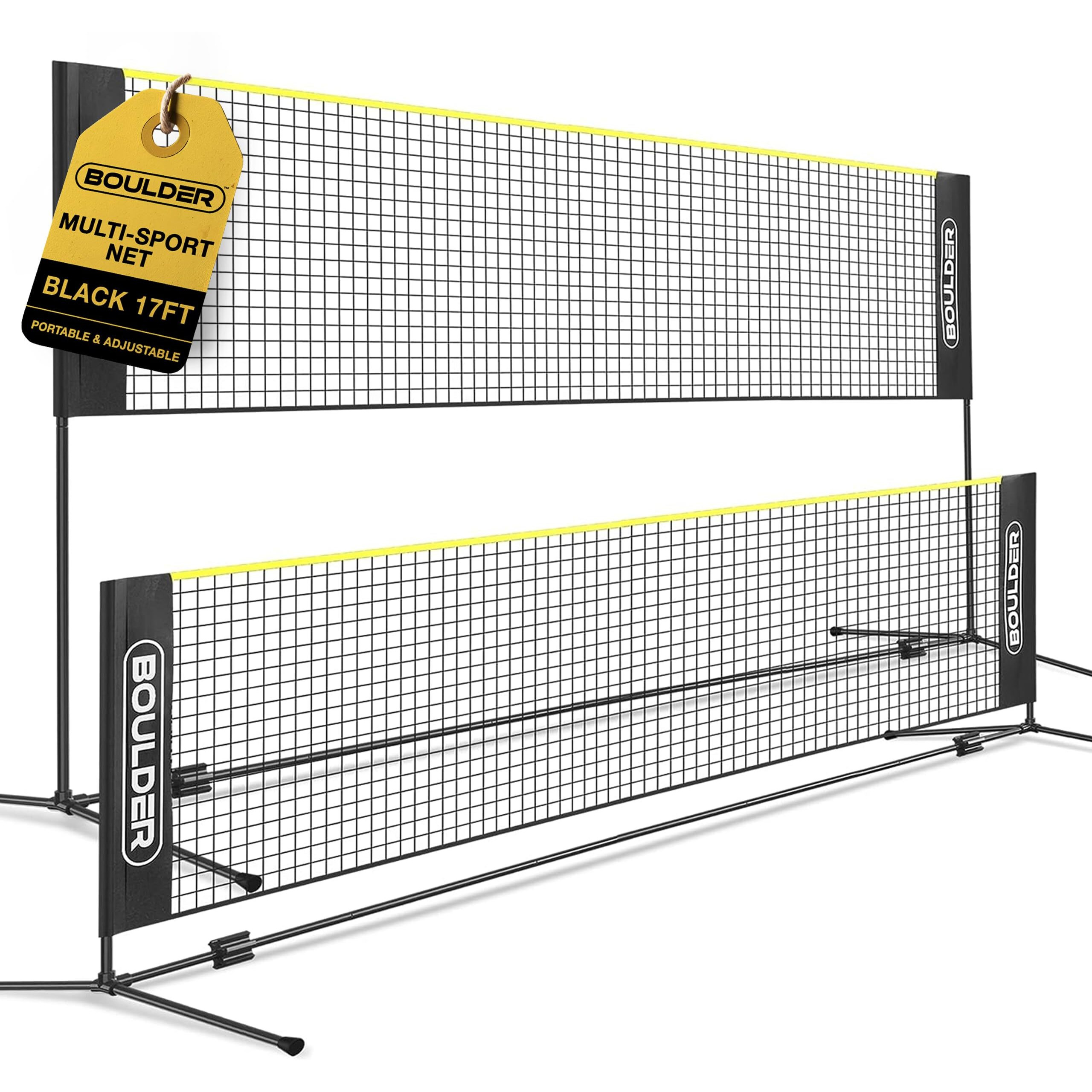 Boulder Badminton Pickleball Net - Height Adjustable Portable Net For Kids Volleyball, Junior Tennis And Backyard Games - Easy Setup Outdoor Or Indoor Sports Net With Poles (17Ft Black/Yellow)