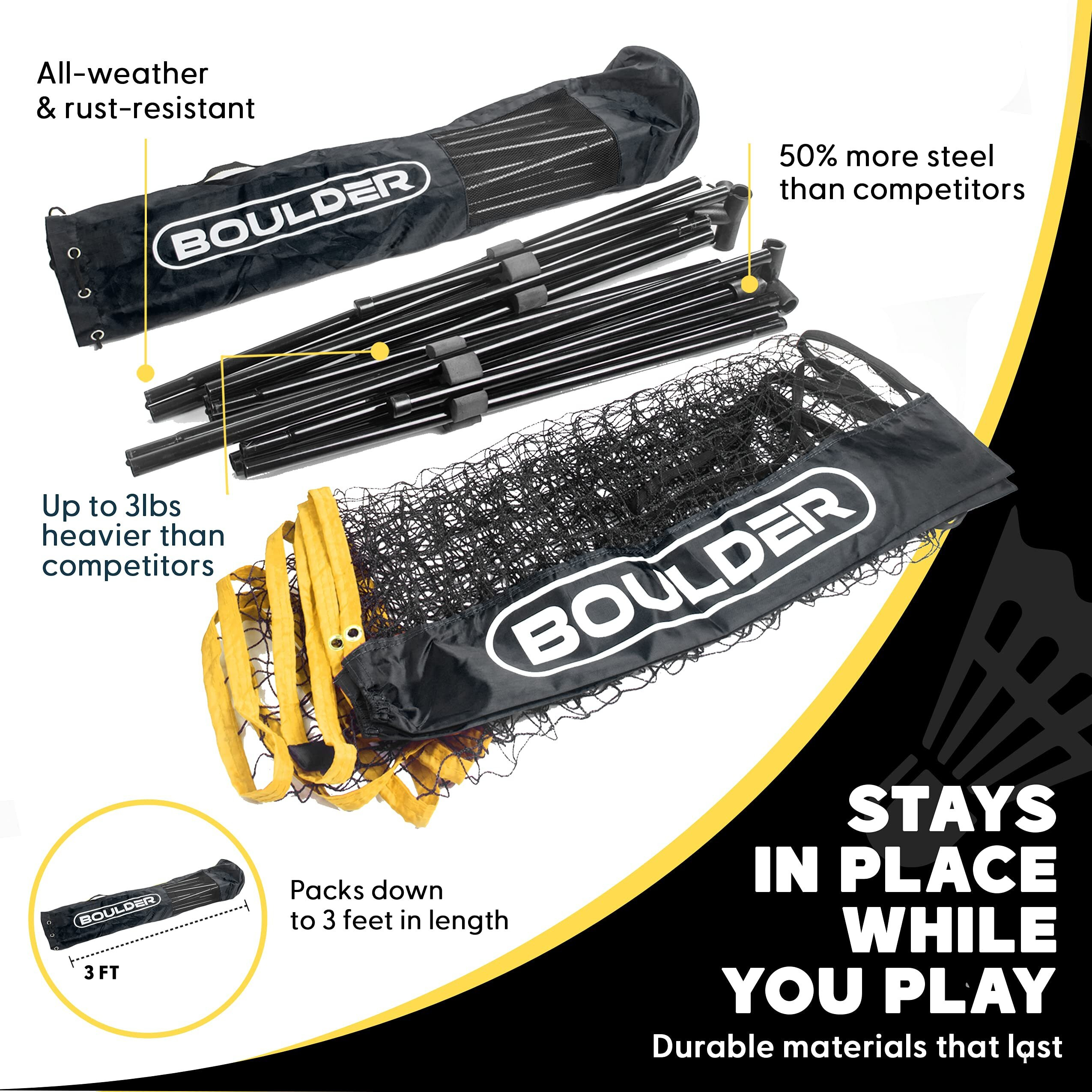 Boulder Badminton Pickleball Net - Height Adjustable Portable Net For Kids Volleyball, Junior Tennis And Backyard Games - Easy Setup Outdoor Or Indoor Sports Net With Poles (17Ft Black/Yellow)
