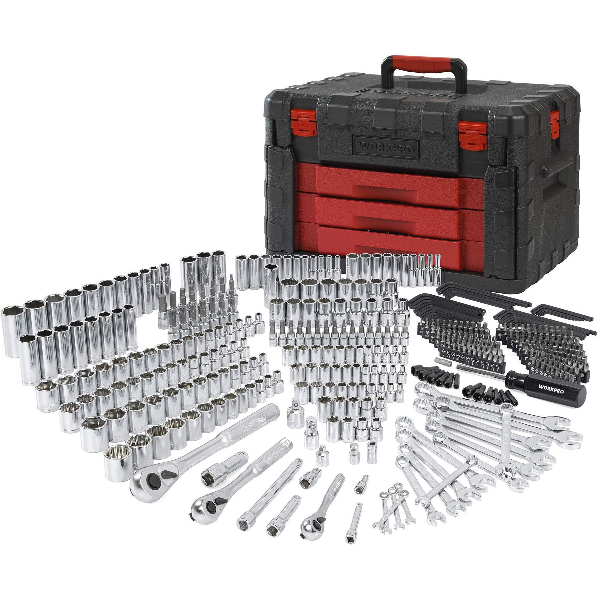 Workpro 450-Piece Drive Socket Set 1/2"" 1/4"" 3/8"", Cr-V Metric And Imperial With Quick-Release Ratchet Wrench, Spanners, Bits Set, Mechanics Tool For Car Repair