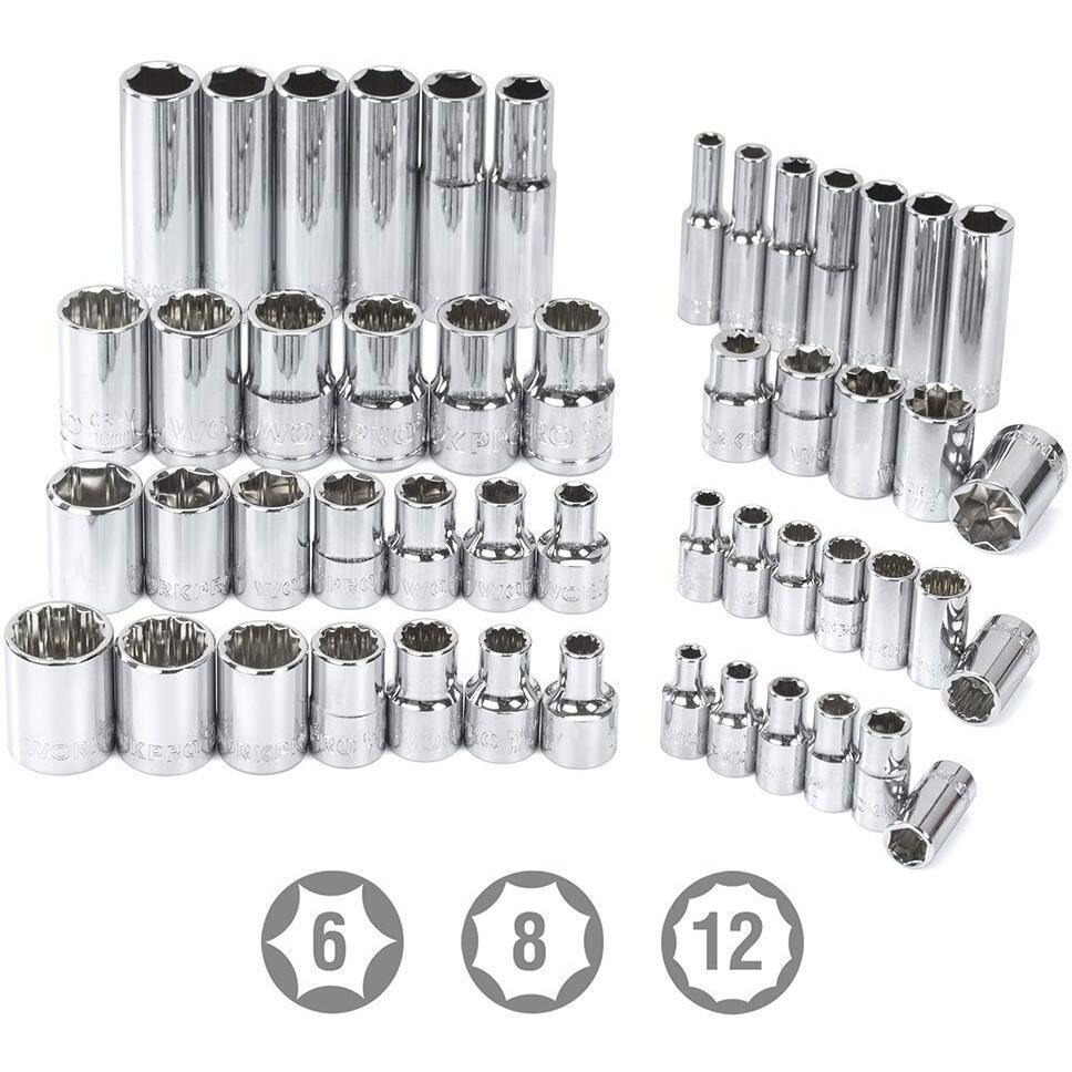 Workpro 450-Piece Drive Socket Set 1/2"" 1/4"" 3/8"", Cr-V Metric And Imperial With Quick-Release Ratchet Wrench, Spanners, Bits Set, Mechanics Tool For Car Repair