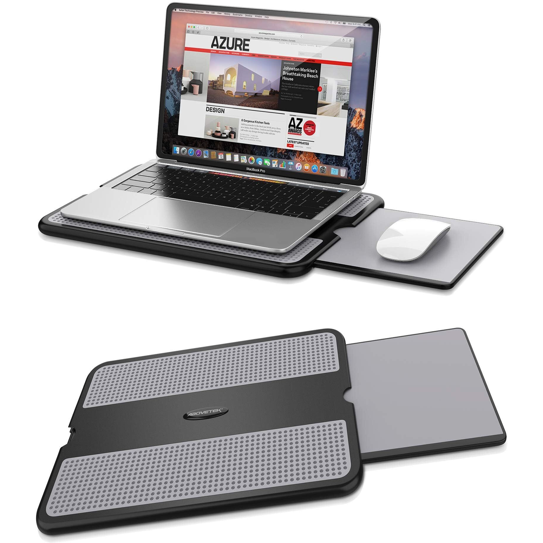 Abovetek Portable Laptop Lap Desk W/ Retractable Left/Right Mouse Pad Tray, Non-Slip Heat Shield Tablet Notebook Computer Stand Table W/ Sturdy Stable Work Surface For Bed Sofa Couch Or Travel