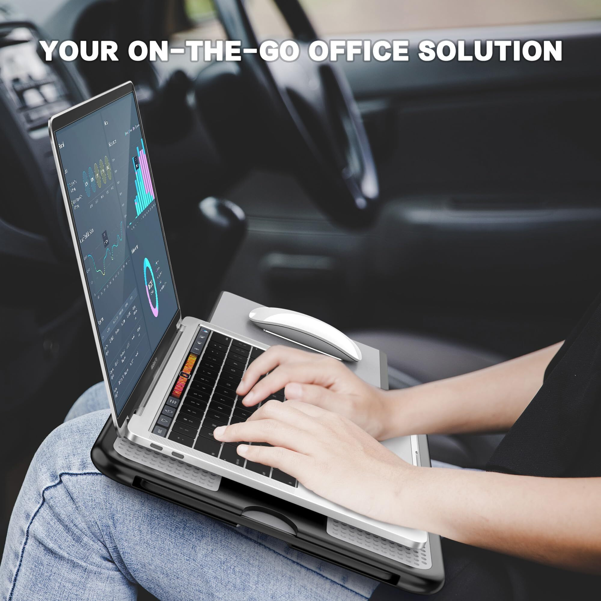 Abovetek Portable Laptop Lap Desk W/ Retractable Left/Right Mouse Pad Tray, Non-Slip Heat Shield Tablet Notebook Computer Stand Table W/ Sturdy Stable Work Surface For Bed Sofa Couch Or Travel