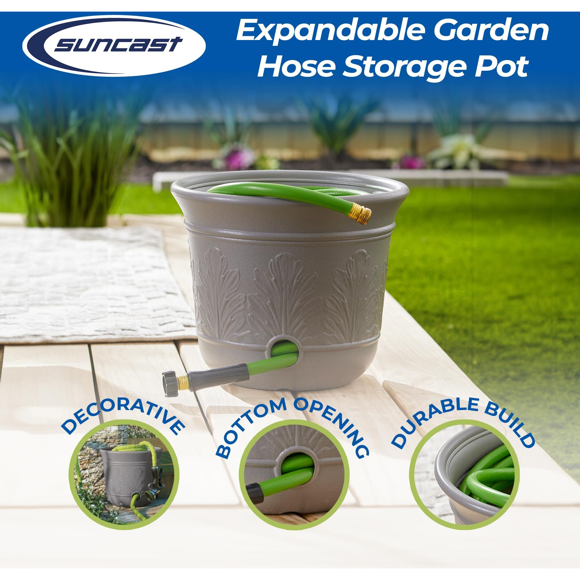 Suncast 300 Foot Heavy Duty 5 Gallon Decorative Plastic Hose Pot For Expandable And Lightweight Hoses, Ideal For Garden, Patio And Backyard Use