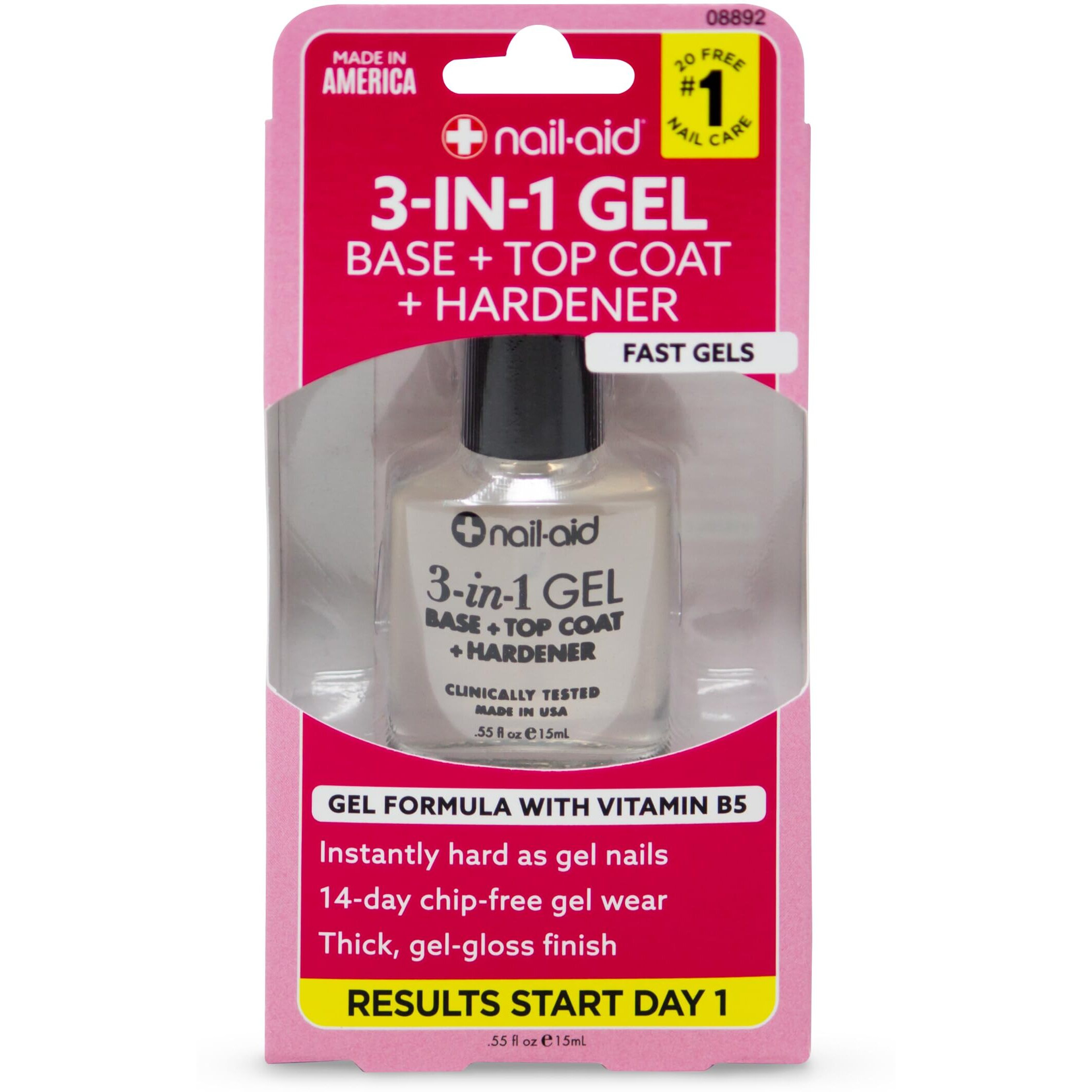 Nail-Aid 3-In-1 Gel Base + Top + Hardener, Clear, 0.55 Fluid Ounce