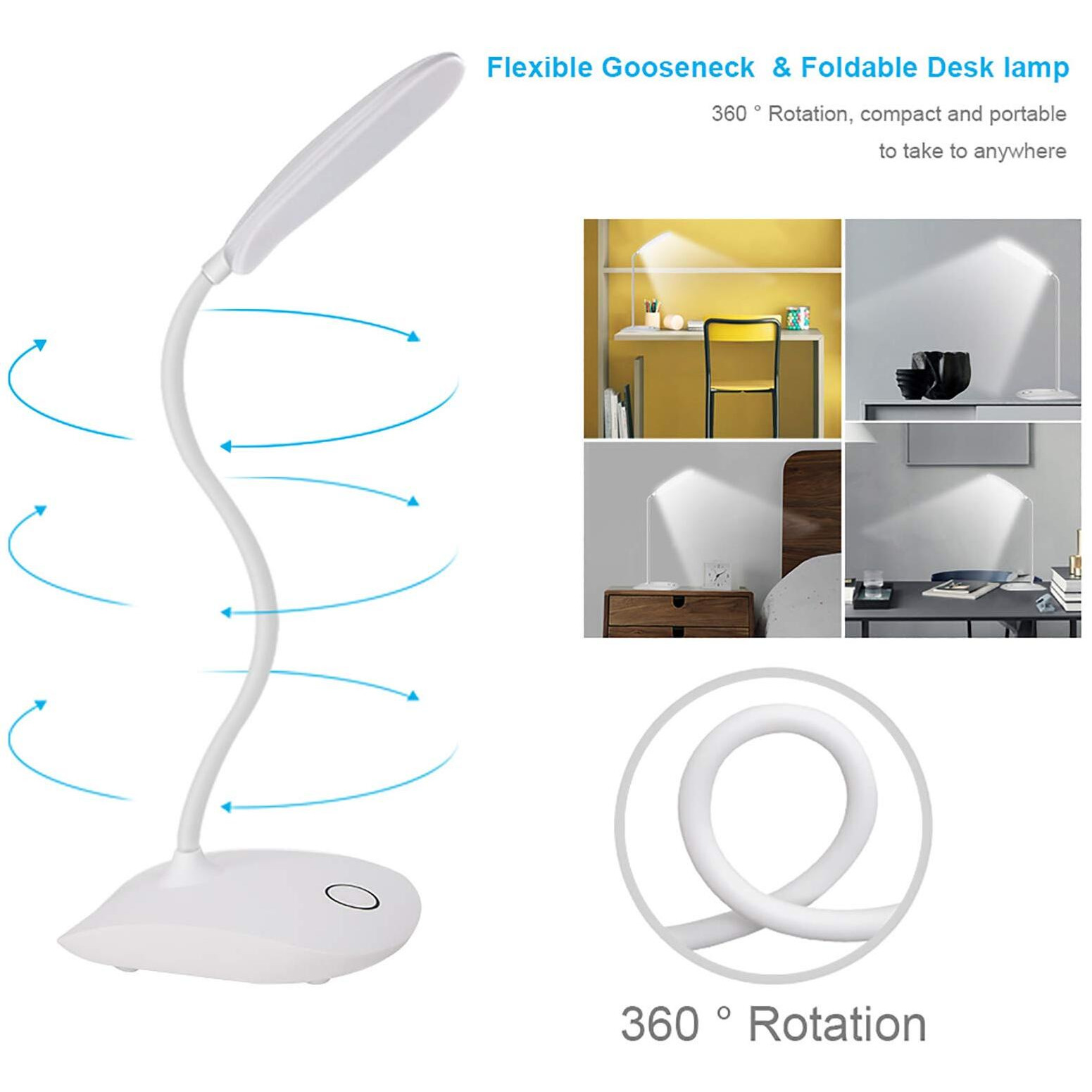 Deeplite Led Desk Lamp With Flexible Gooseneck 3 Level Brightness, Battery Operated Table Lamp 5W Touch Control,Compact Portable Lamp For Dorm Study Office Bedroom,Eye-Caring And Energy Saving