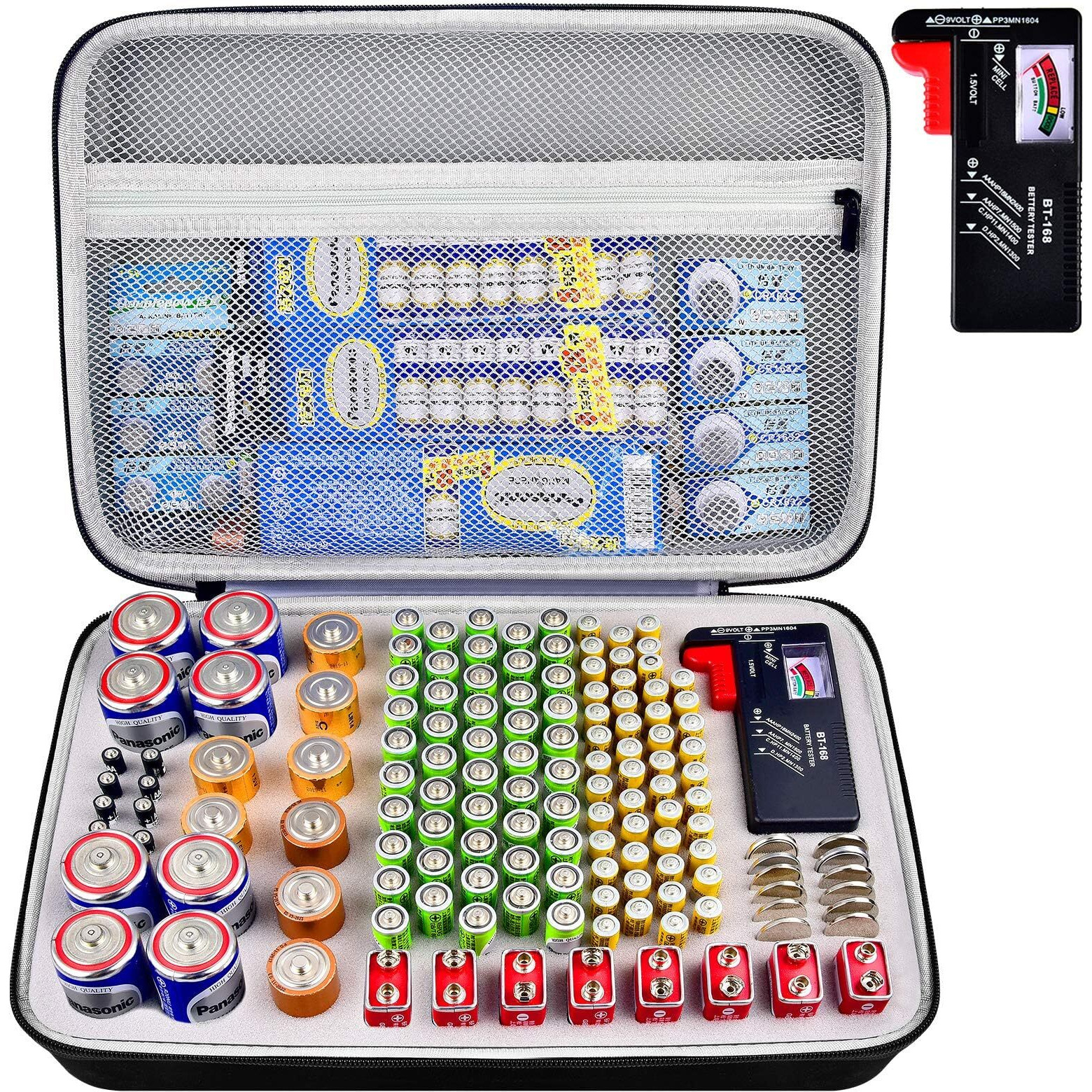 Battery Organizer Storage Case Holder With Tester Bt-168, Batteries Variety Pack Bag, Holds 140+ Aa, Aaa, C, D, 9V, Lithium 3V Button Batteries, Battery Caddy Container(Not Includes Batteries)(Grey)