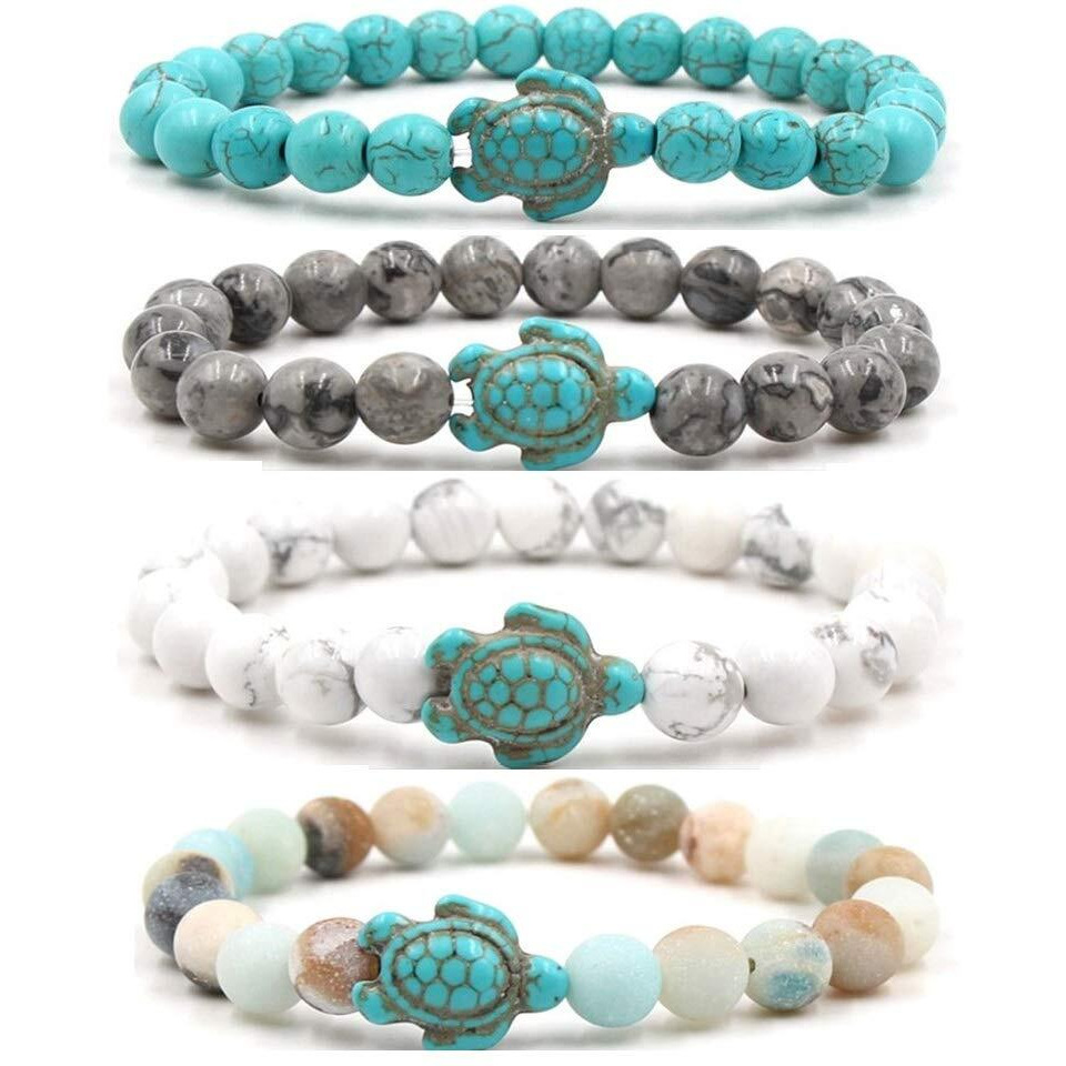 Caiyao 8Mm Sea Turtles Beads Bracelet Turquoise Natutal Stone Elastic Stretch Bracelet For Women Men (4Pcs)
