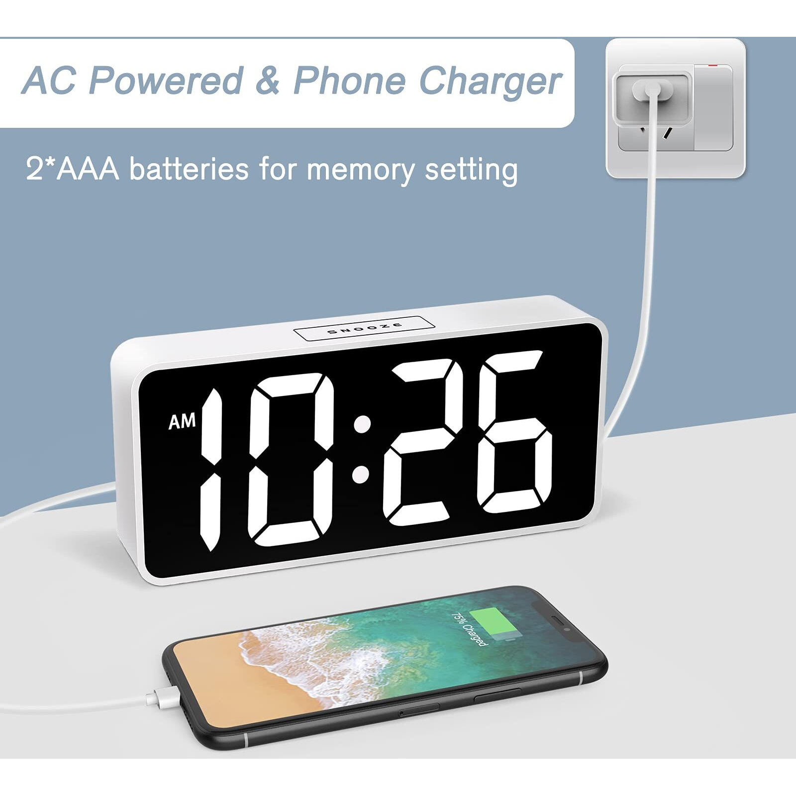 Welgo 7.5 Inches Huge Digital Alarm Clock For Seniors & Visually Impaired, Easy Set, Usb Charging Port, 0-100% Dimmer, Snooze, Adjustable Volume, Outlet Powered For Bedroom