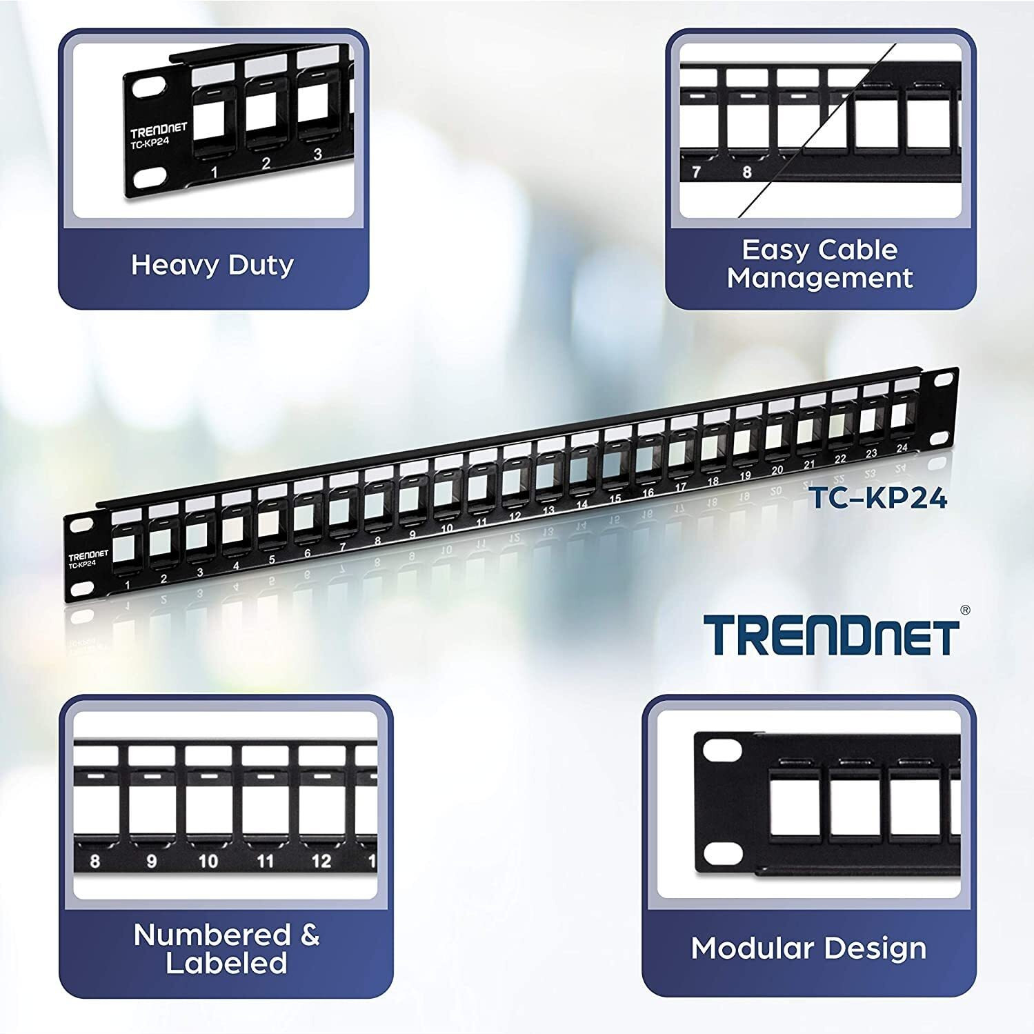 Trendnet 24-Port Blank Keystone 1U Patch Panel, 1U 19"" Metal Rackmount Housing, Recommended With Tc-K25C6 & Tc-K50C6 Cat6 Keystone Jacks (Sold Separately), Black, Tc-Kp24