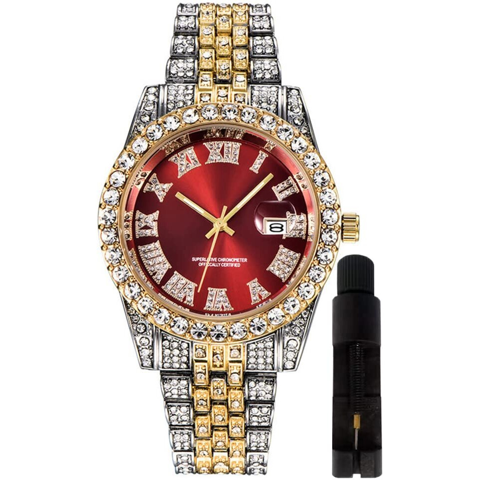 Hunruy Hip Hop Watches For Men Iced-Out Bling Diamond Luxury Quartz Watches With Date (40Mm Red)
