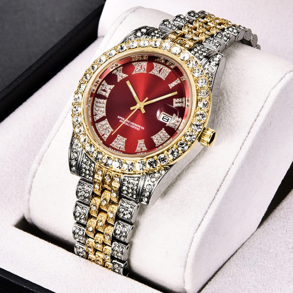 Hunruy Hip Hop Watches For Men Iced-Out Bling Diamond Luxury Quartz Watches With Date (40Mm Red)