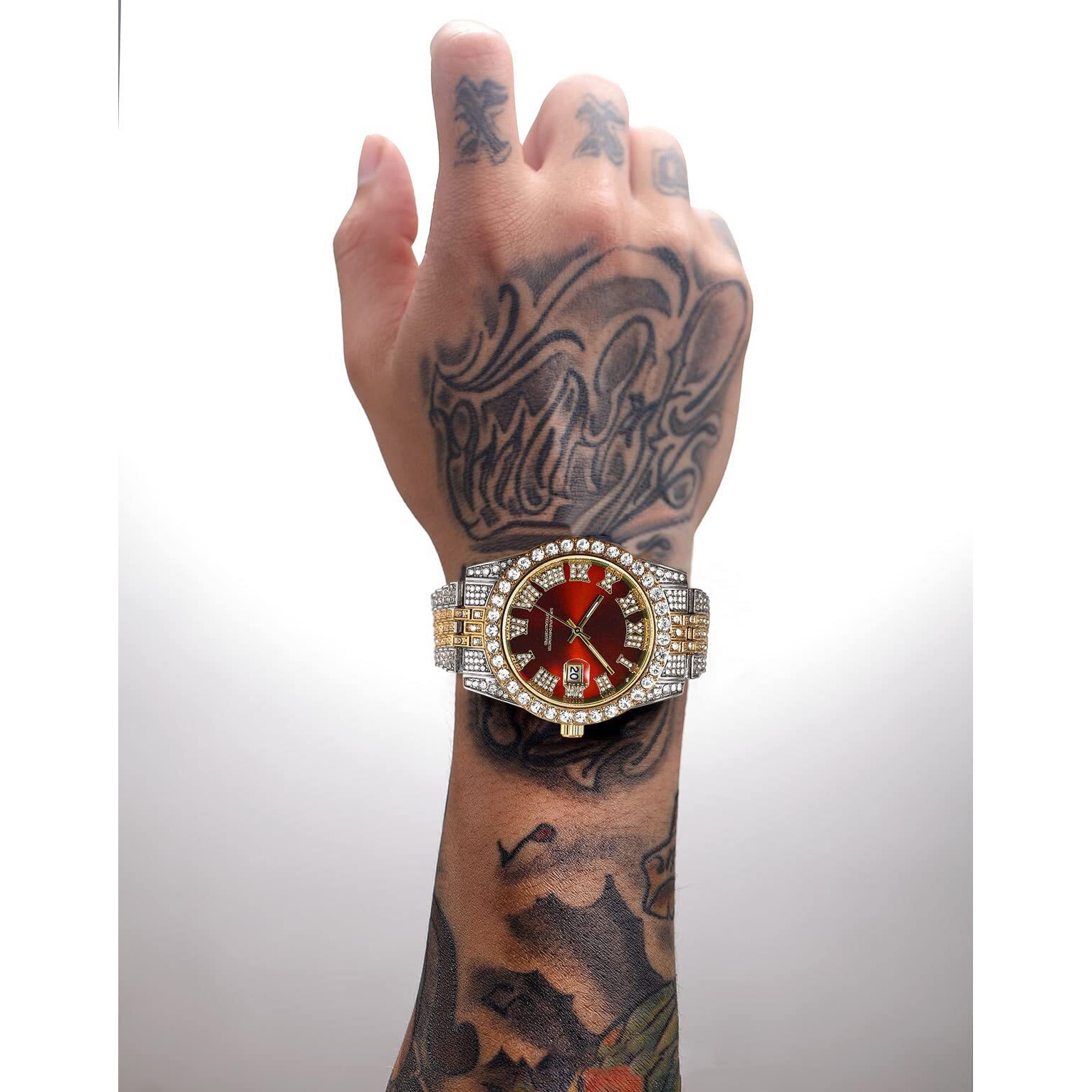 Hunruy Hip Hop Watches For Men Iced-Out Bling Diamond Luxury Quartz Watches With Date (40Mm Red)