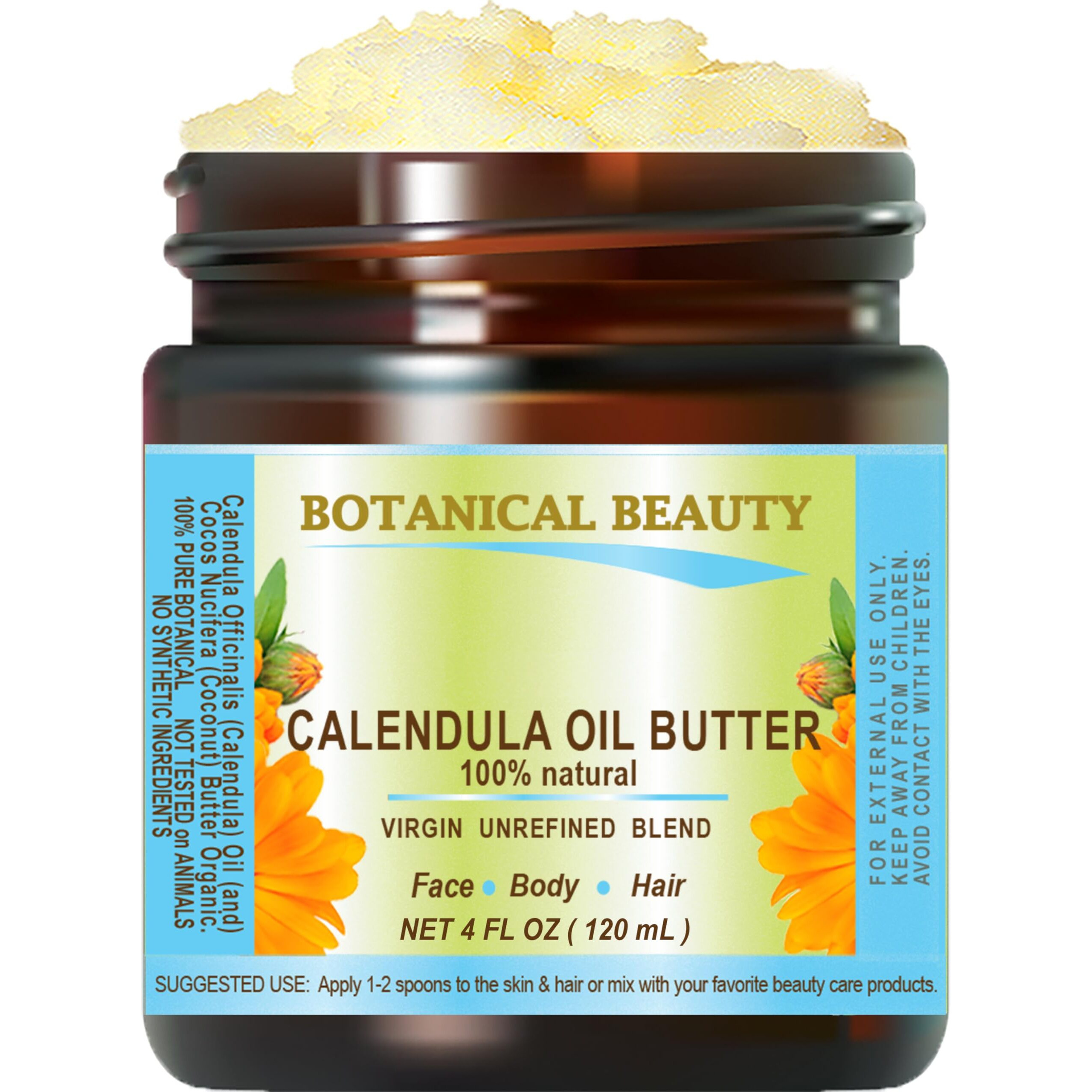 Botanical Beauty Calendula Oil Butter Calendula Officinalis Marigold Oil Butter 100% Pure Natural For Face, Skin, Body, Hair, Nails, Foot Care. Foot Oil Butter 4 Fl.Oz.- 120 Ml
