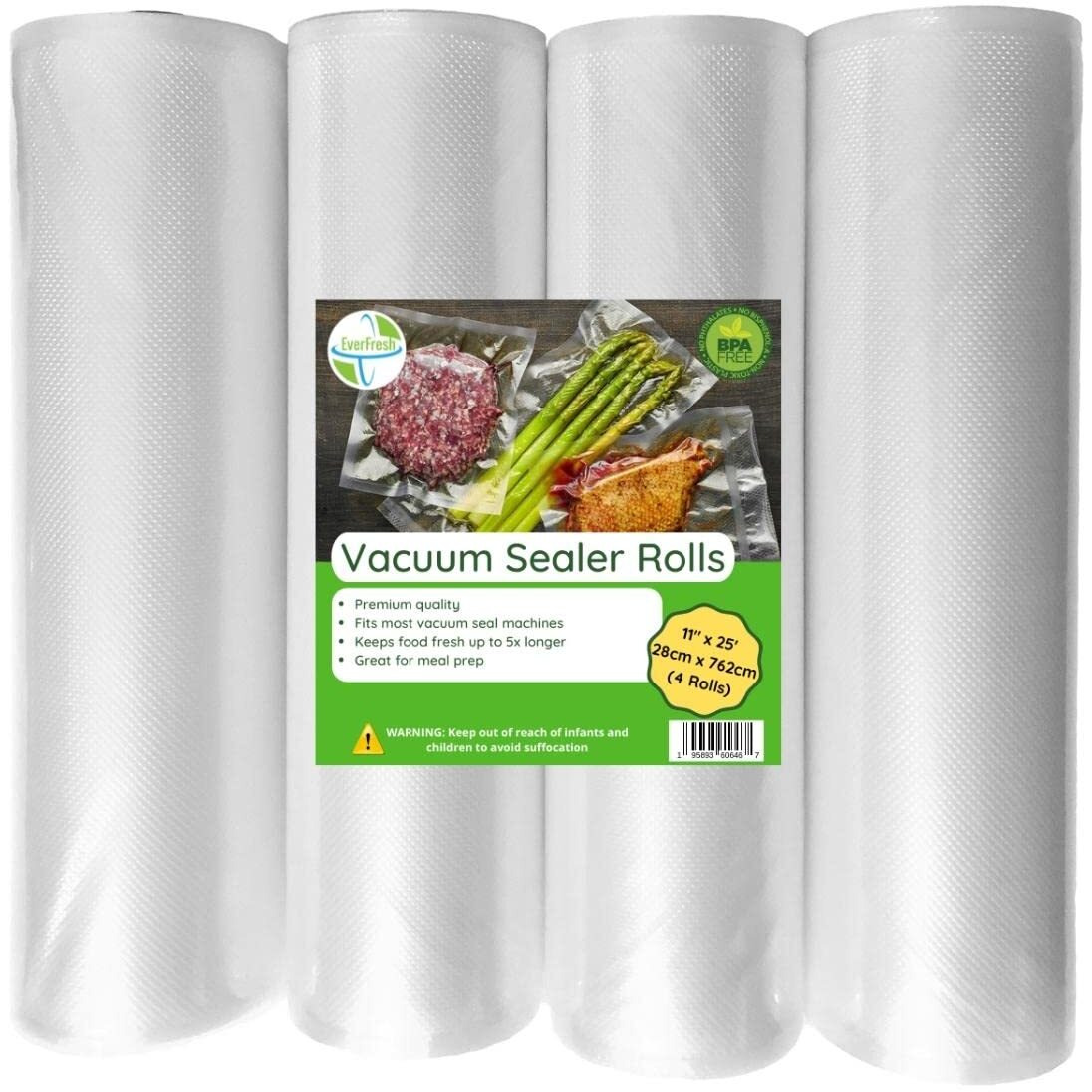 Everfresh 11"" X 25' Vacuum Sealer Rolls-Vacuum Sealer Bags-Vacuum Sealer Machine-Food Sealer Bag-Rolls Compatible With Foodsaver Machines-4 Pack-15% Thicker Embossing Than Leading Supplier.