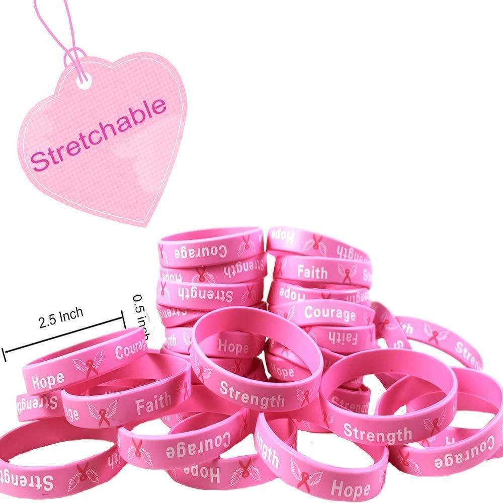 Uddiee 50 Pack Breast Cancer Awareness Pink Ribbon Bracelets Hope Faith Strength Courage Inspiring Wristbands