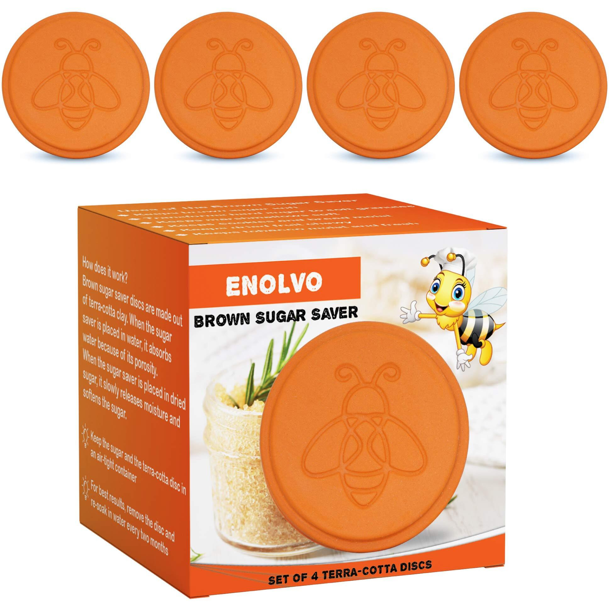 Enolvo Brown Sugar Keeper Bee - Terra Cotta Brown Sugar Saver, Disc To Maintain Food Moisture In Container, Softener Stone, Terracotta Bear Softener Alternative - 4Pack