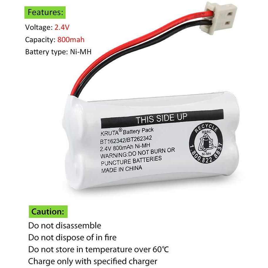 Kruta Bt162342/Bt262342 2.4V 800Mah Ni-Mh Cordless Phone Battery Pack, Also Compatible With Bt183342/Bt283342 At&T El52351 Tl90070 Vtech Cs5119 Ds6511 Ds6722 Ls6305 Handset, 2-Pack