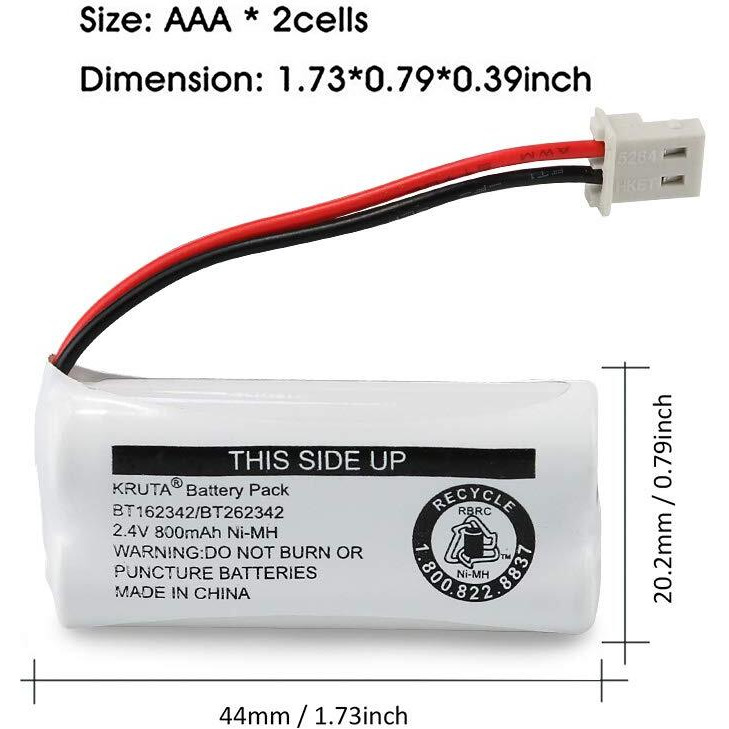 Kruta Bt162342/Bt262342 2.4V 800Mah Ni-Mh Cordless Phone Battery Pack, Also Compatible With Bt183342/Bt283342 At&T El52351 Tl90070 Vtech Cs5119 Ds6511 Ds6722 Ls6305 Handset, 2-Pack