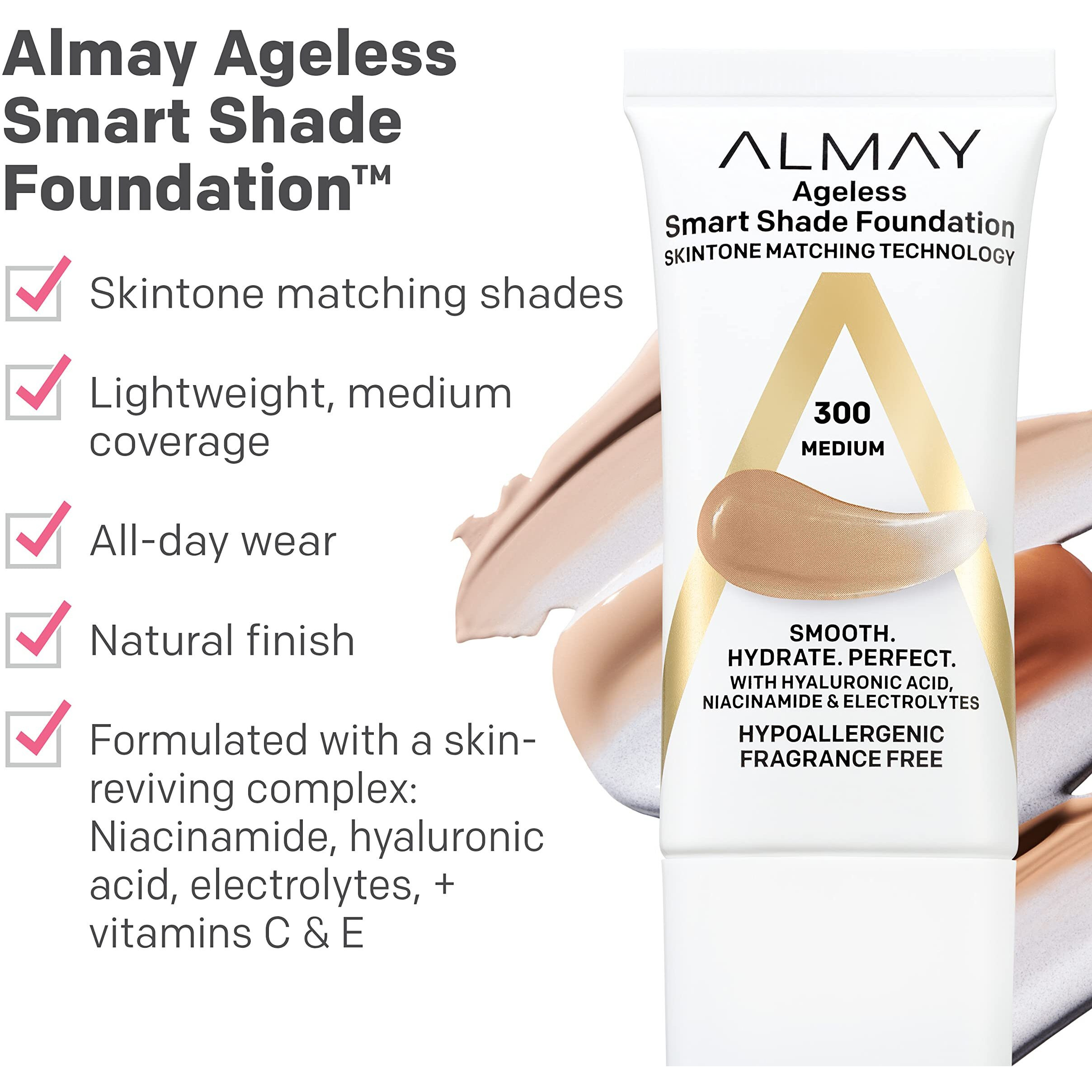 Almay Anti-Aging Foundation, Smart Shade Face Makeup With Hyaluronic Acid, Niacinamide, Vitamin C & E, Hypoallergenic-Fragrance Free, 200 Light Medium, 1 Fl Oz (Pack Of 1)