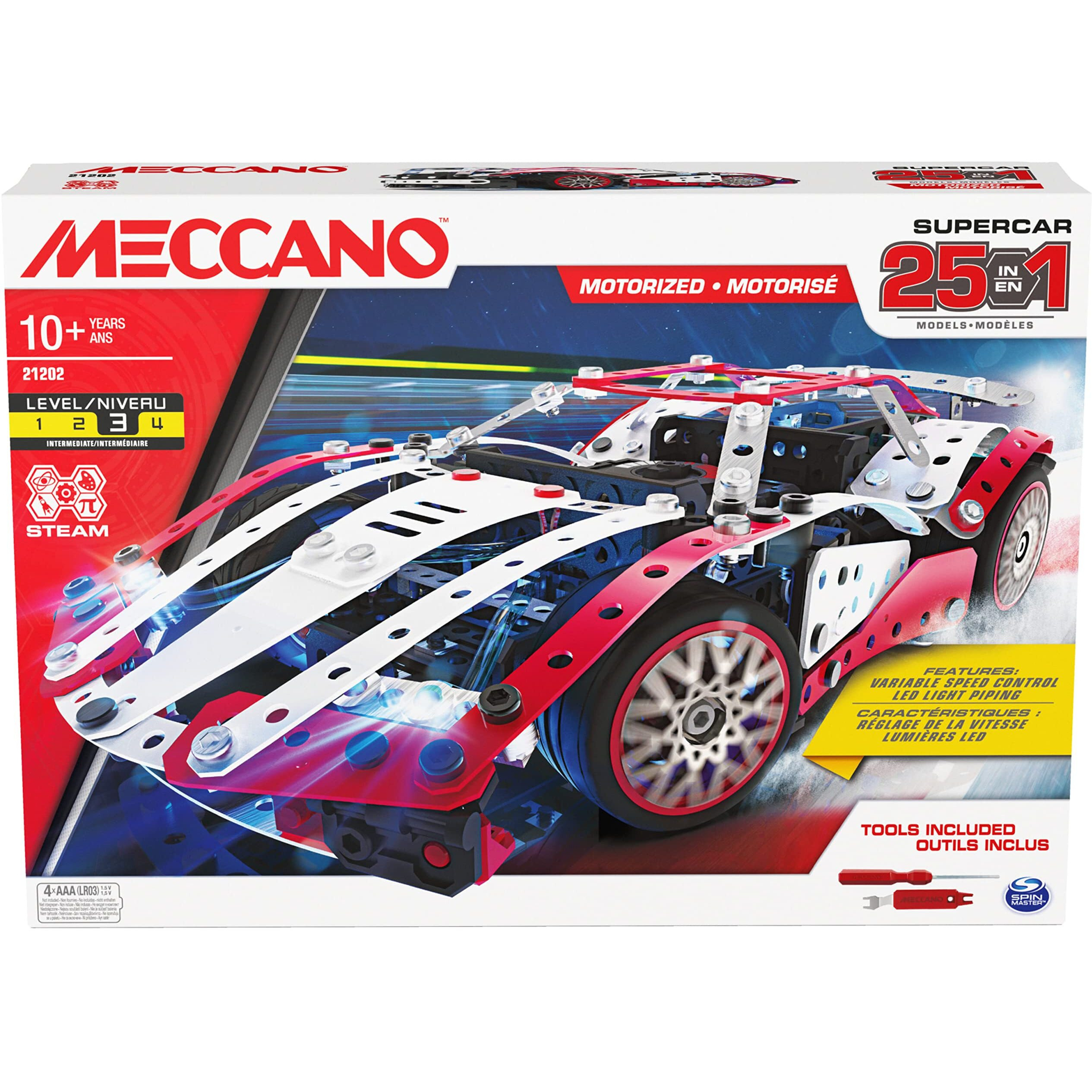 Meccano, 25-In-1 Motorized Supercar Stem Model Building Kit With 347 Parts, Real Tools And Working Lights, Kids Toys For Ages 10 And Up