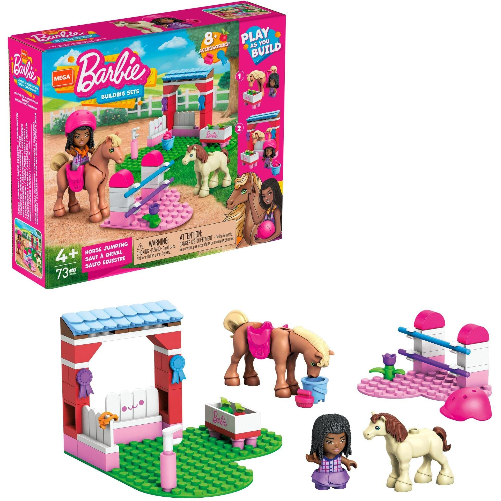 Mega Barbie Pets Horse Toy Building Set With Micro-Doll And Accessories, 1 Horse And 1 Pony, Easy-To-Build Horse Jumping Playset