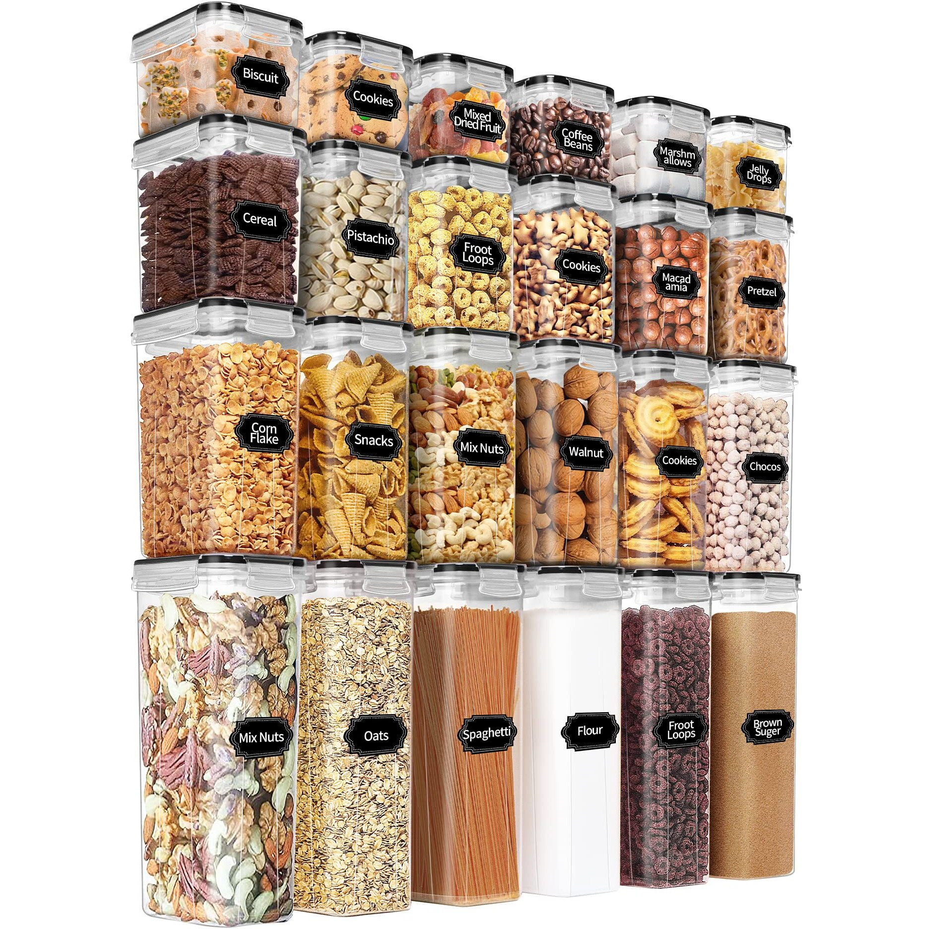 Praki Airtight Food Storage Containers Set With Lids - 24 Pcs, Bpa Free Kitchen And Pantry Organization, Plastic Leak-Proof Canisters For Cereal Flour & Sugar - Labels & Marker