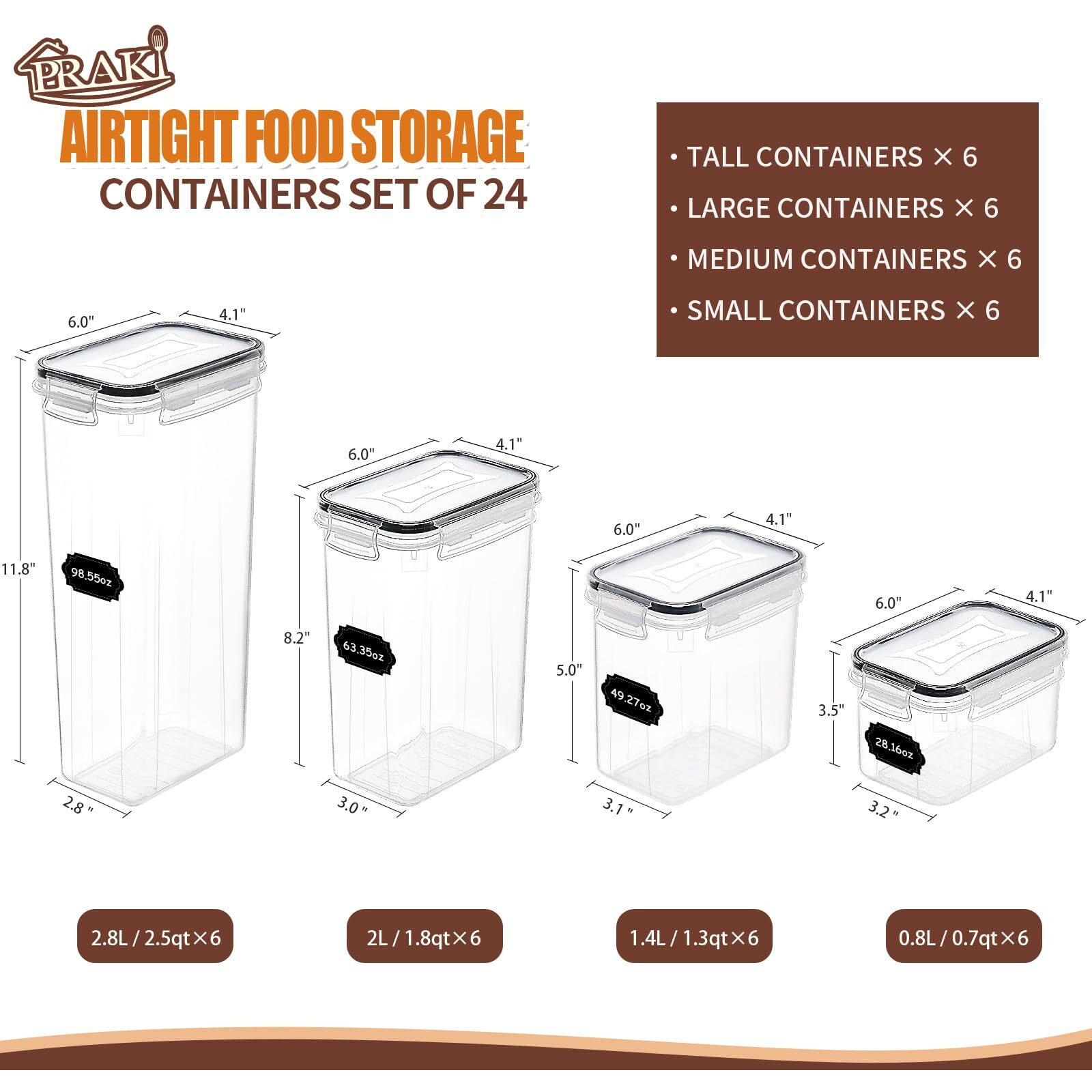 Praki Airtight Food Storage Containers Set With Lids - 24 Pcs, Bpa Free Kitchen And Pantry Organization, Plastic Leak-Proof Canisters For Cereal Flour & Sugar - Labels & Marker
